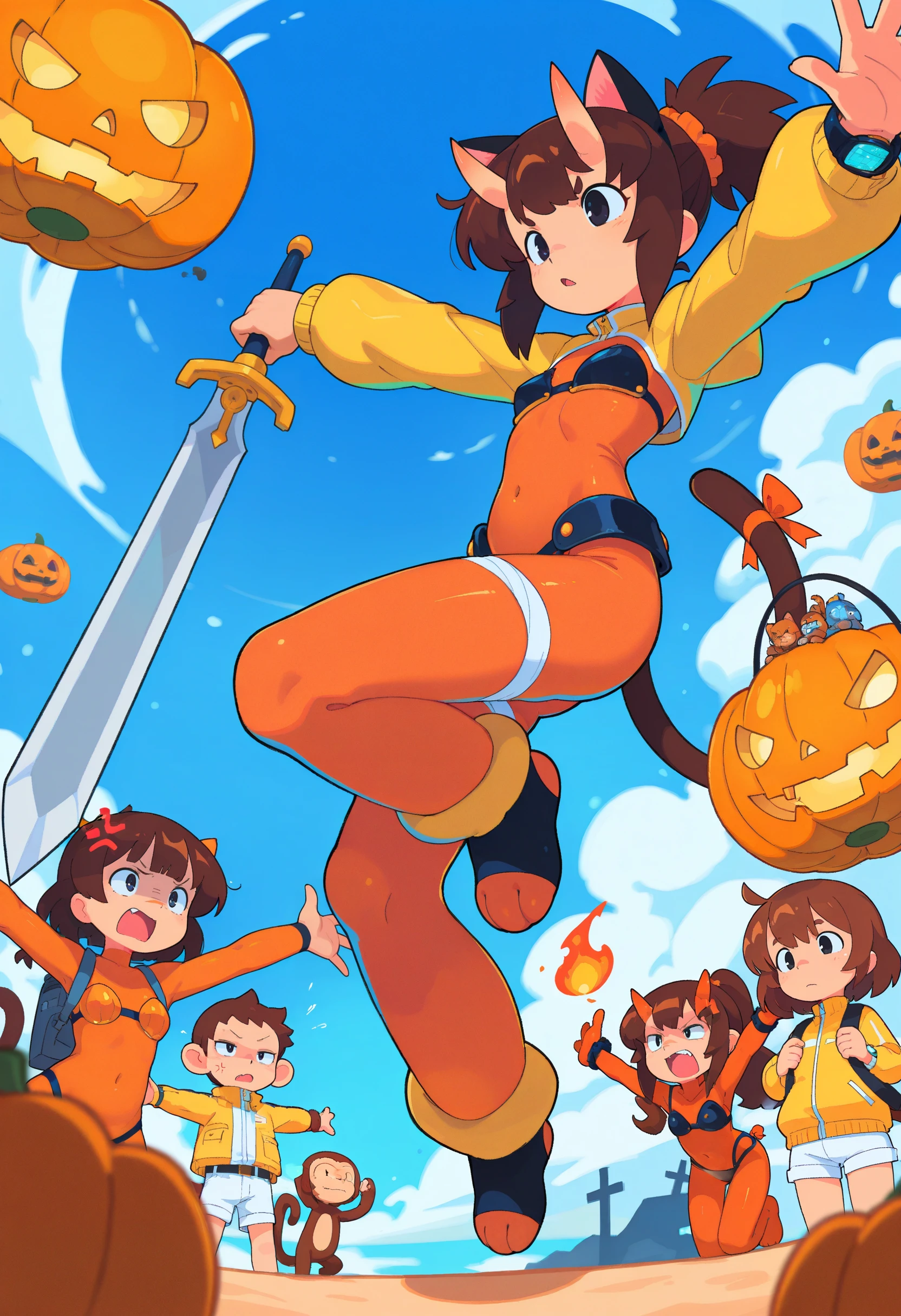 (high_quality, newest, incredibly_absurdres, very aesthetic, zbrush_\(artwork\), 5_fingers, digital_painting_\(artwork\), flat_colors, anime_coloring)
(BCN-Illu, BCN-Illu, fire, outstretched arms, black eyes, swimsuit, day, watch, yellow jacket, 1boy, monkey, oni horns, ponytail, lantern, anger vein, cloud, jack-o'-lantern, tail ribbon, bag, scrunchie, white shorts, cat ears, orange bodysuit, bikini armor, 4girls, sword, jacket, uniform, brown hair)