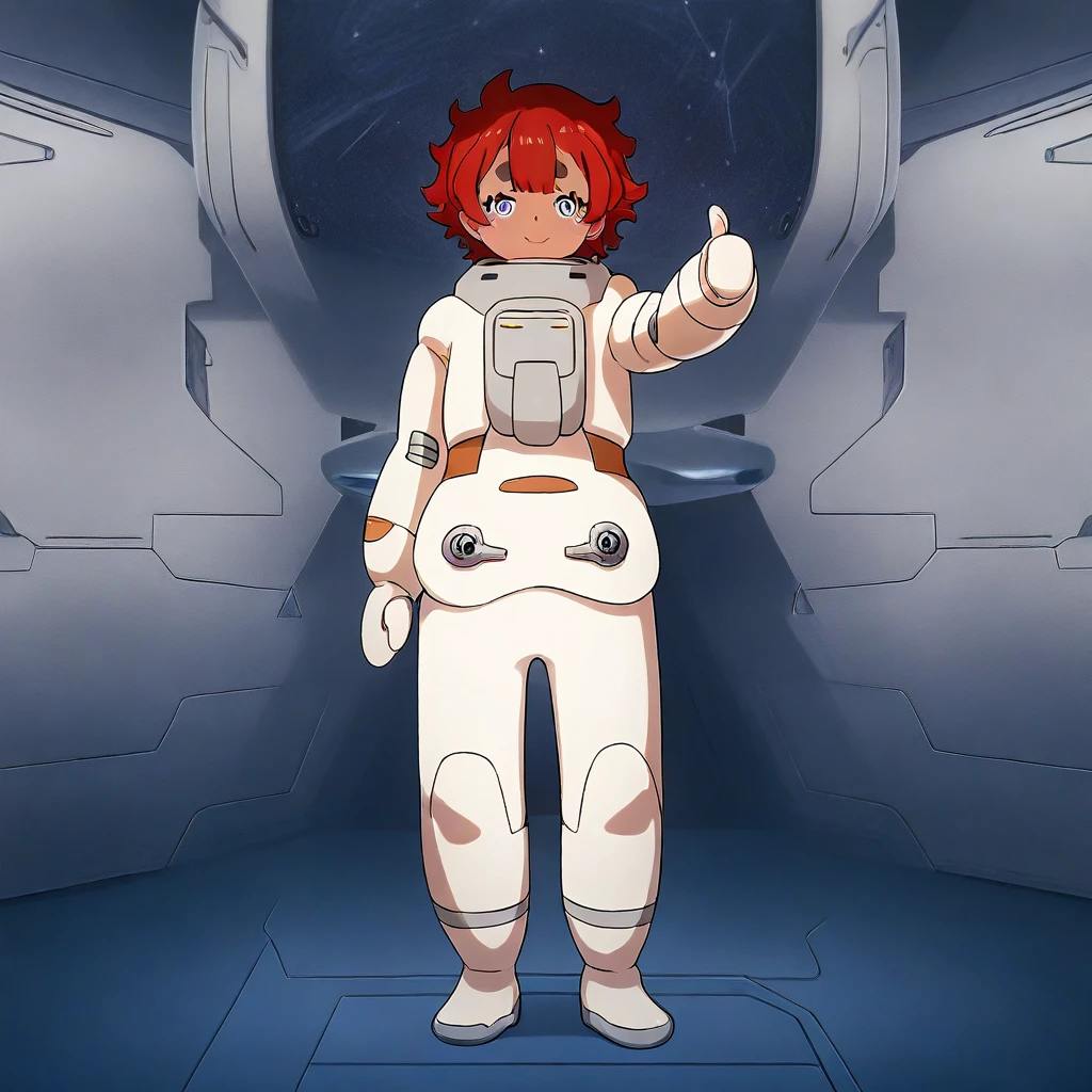 official art, masterpiece, best quality, absurdres, msgwfmes, dark-skinned female, red hair, short hair, thick eyebrows, mismatched eyebrows, short eyebrows, spacesuit, mittens, standing, indoors, spacecraft interior, full body, looking at viewer, thumbs up,