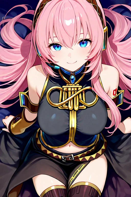 masterpiece, High quality, Ultra detailed, 2d, newest, absurdres, highres, BREAK
1girl, solo, <lora:megurine_luka_r1:0.8>, megurine_luka, long hair, pink hair, hair between eyes, blue eyes, headset, headphones, tattoo, shoulder tattoo, number tattoo,
medium breasts, luka03def, bare shoulders, black shirt, detached sleeves, armband, single elbow glove, belt, long skirt, black skirt, side slit, black thighhighs,
from above, looking at viewer, smile,