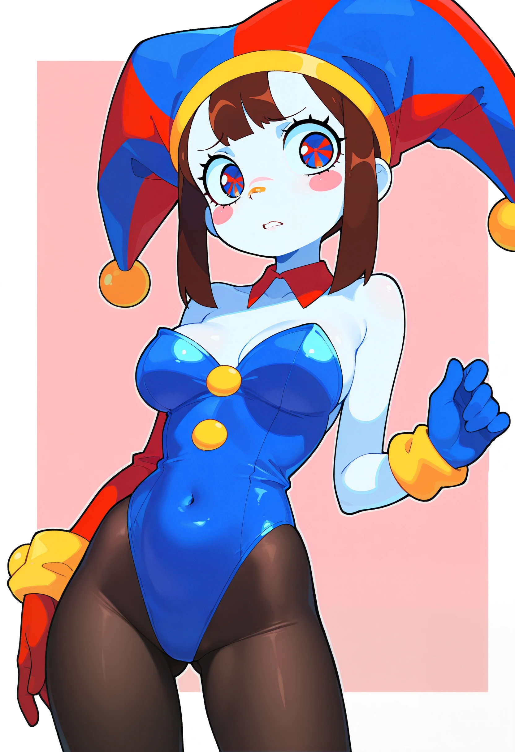 [Short stack], [short stature], clown girl, [cute clown], cutesy, [flat chested], [very skinny], [small breasts], [huge thighs], [very big waist], [very wide hips], clown outfit, [cutecore clowncore], purple eyes, pale white skin, [short height], [jester hat], pink outfit.