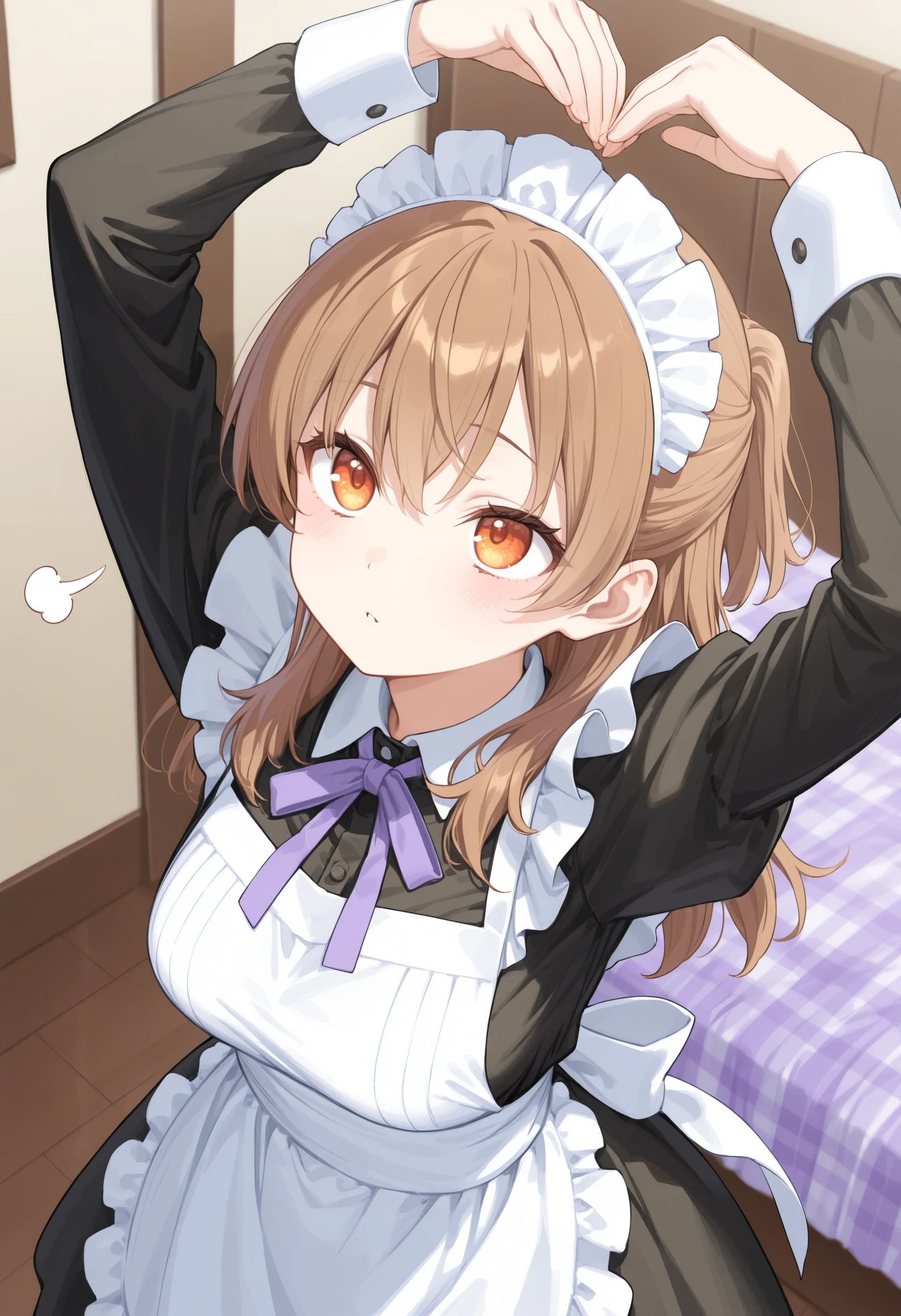 1girl,(sho \(sho lwlw\):0.7),(toosaka asagi:0.5),(sincos:0.3),solo,
masterpiece, best quality, newest, absurdres, CG, anime, source anime, illustration,
maid, maid headdress,medium breasts,
heart arms, <lora:heartarms_Illust_v1:0.8>
dutch angle, panorama shot, looking up, brown hair, orange eyes,sigh, lavender field, parted lips, half updo hair,