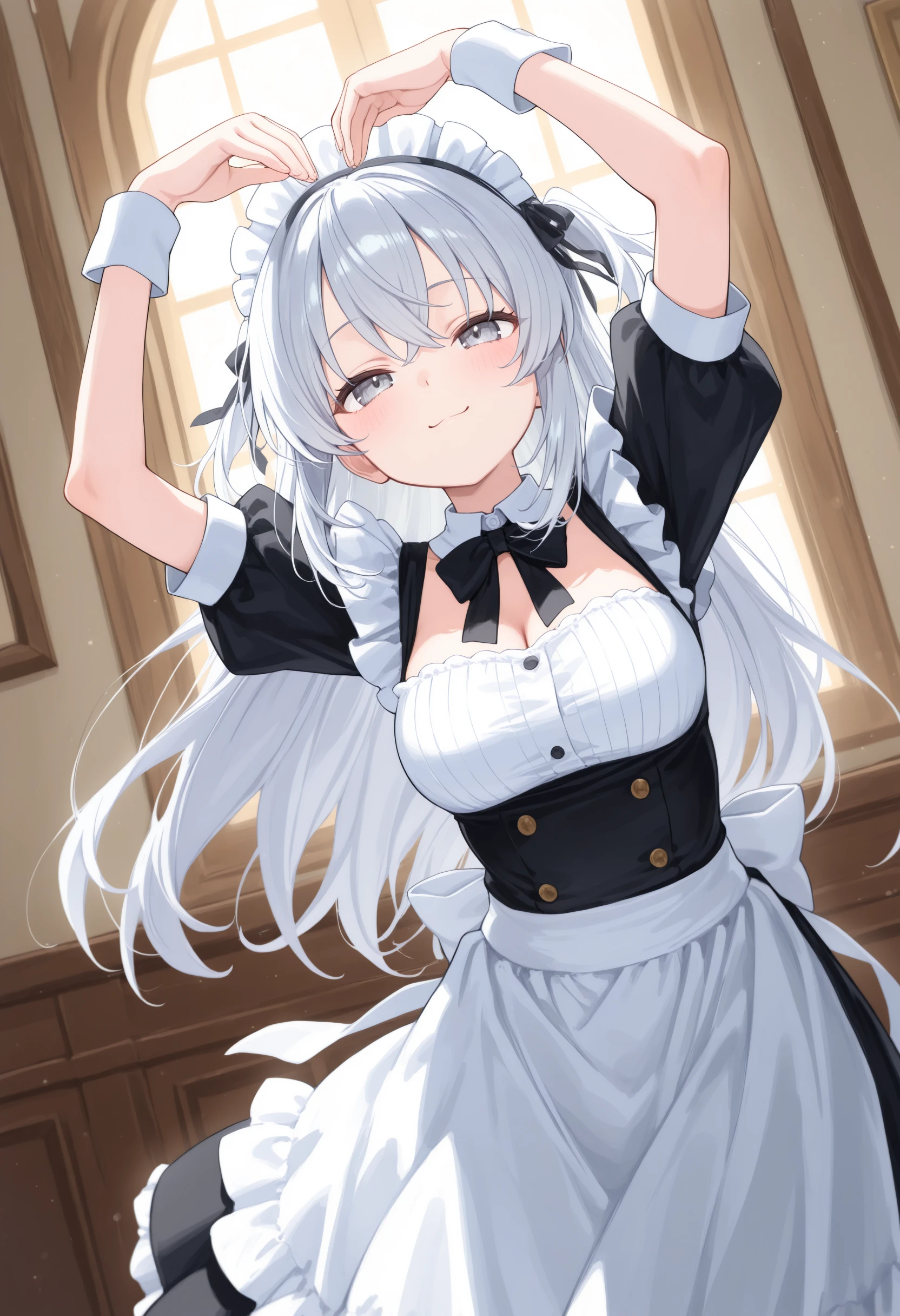 1girl,(sho \(sho lwlw\):0.7),(toosaka asagi:0.5),(sincos:0.3),solo,
masterpiece, best quality, newest, absurdres, CG, anime, source anime, illustration,
maid, maid headdress,medium breasts,
heart arms, <lora:heartarms_Illust_v1:0.8>
dutch angle, wide shot, looking up, silver hair, silver eyes,seductive smile, towers, closed mouth, drill hair,