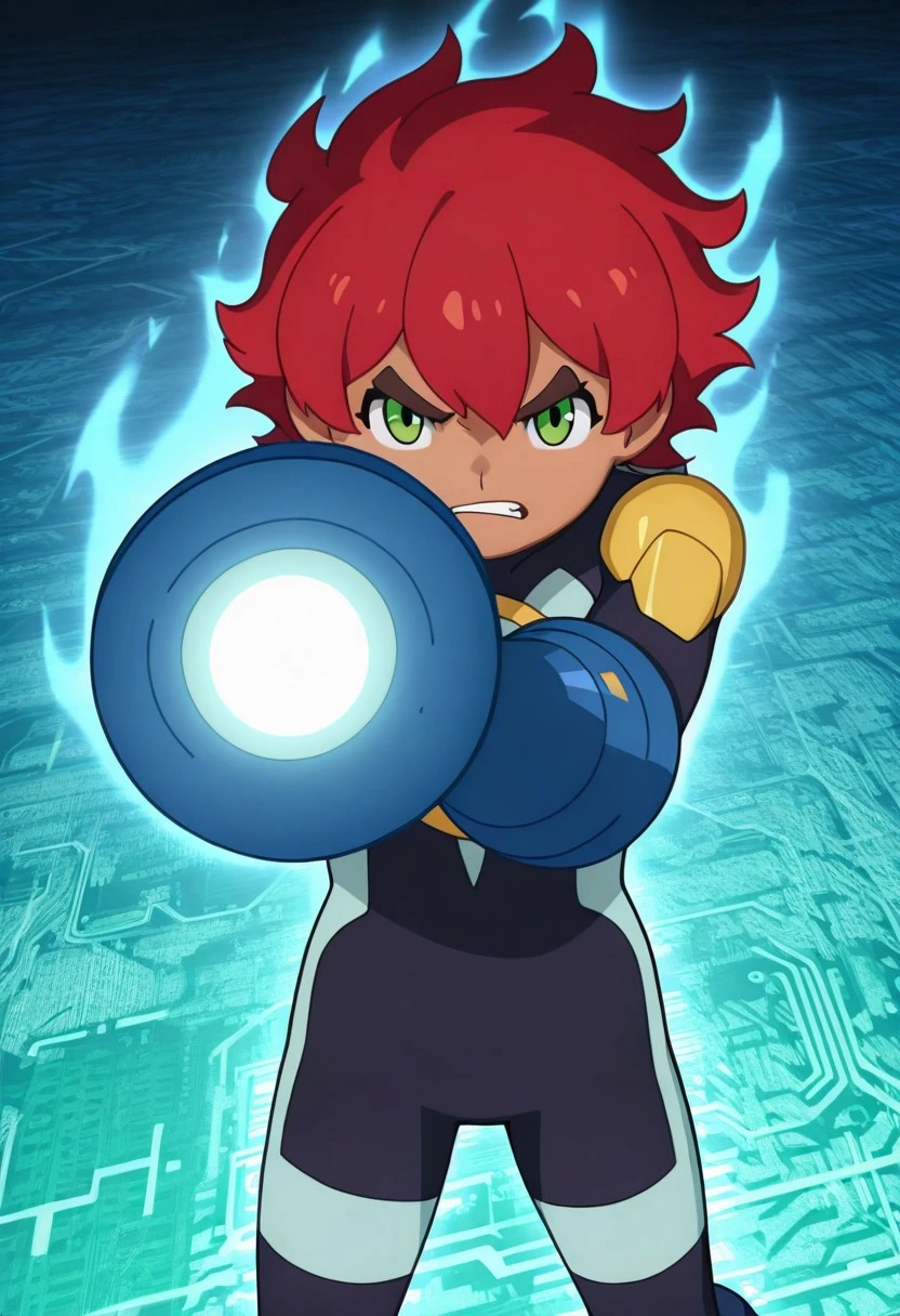 official art, masterpiece, best quality, absurdres, 1girl, msgwfmes, dark-skinned female, no hat, red hair, short hair, thick eyebrows, mismatched eyebrows, black bodysuit, blue gloves, arm cannon, aiming at viewer, angry, aura, standing, circuit board,