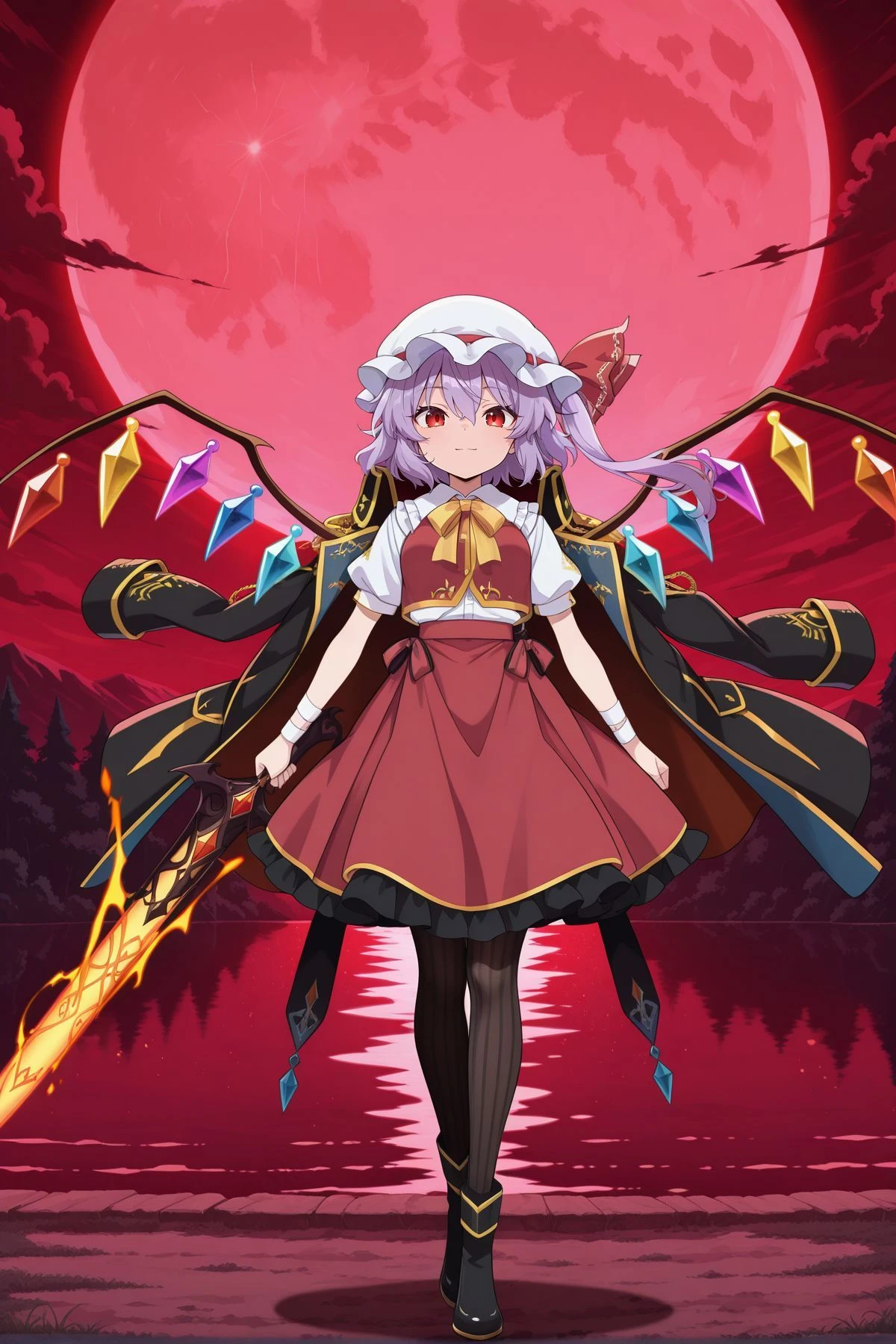 absurdres, highres, masterpiece, best quality, amazing quality, official anime artwork, screencap, anime screencap, outdoors, looking at viewer, light smile, dynamic pose, standing,
<lora:Flandre-Scarlet_Illustrious-000040:1> flandre scarlet, 1girl, solo, red eyes, purple hair, one side up, hair between eyes, wings,, flandre scarlet (vampire pursuing the hunter), mob cap, white hat, hat ribbon, adapted costume, black coat, coat on shoulders, collared shirt, black pantyhose, black footwear, yellow, bowtie, breasts, white shirt, frilled shirt collar, red vest, red skirt, frilled skirt, chain, goth fashion, holding sword,
misty lake, storm, red moon,