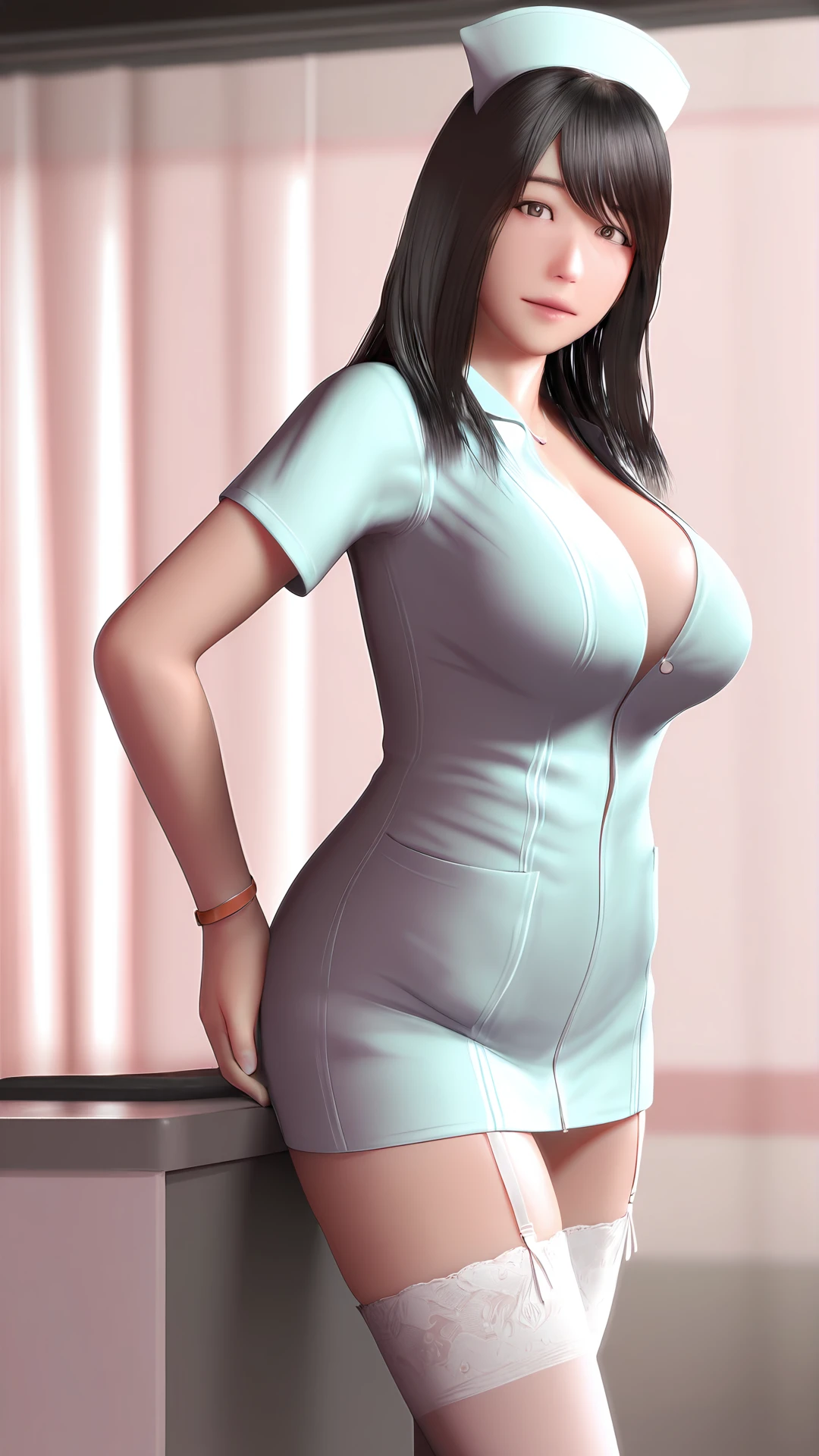 (masterpiece:1.3), (8K, realistic, RAW photo, highest quality: 1.4), (young adult girl), beautiful face, young and beautiful big breasts、big cleavage、(thin face), beautiful gray hairstyle, realistic eyes, beautiful and fine eyes, (realistic skin), beautiful skin, break、(ribbed fabric sweater dress、big size、Length below the knee、long skirt), disorganized, Charm, charming、ultra high resolution, surreal, very detailed, beautiful legs、Charmな太もも、((Full shot :1.8)) , school health room、Office girl、((Hang your ID card around your neck with a lanyard))、back street at night、bustling street、shadow、Looks embarrassed、shiny sexy lips and lip gloss💄、Glossy fluorescent pink lipstick、Shiraki Meiko 、(sweat, steam)、((Thin drooping eyes、cold gaze、Don't look here))、In front of the hotel、Standing