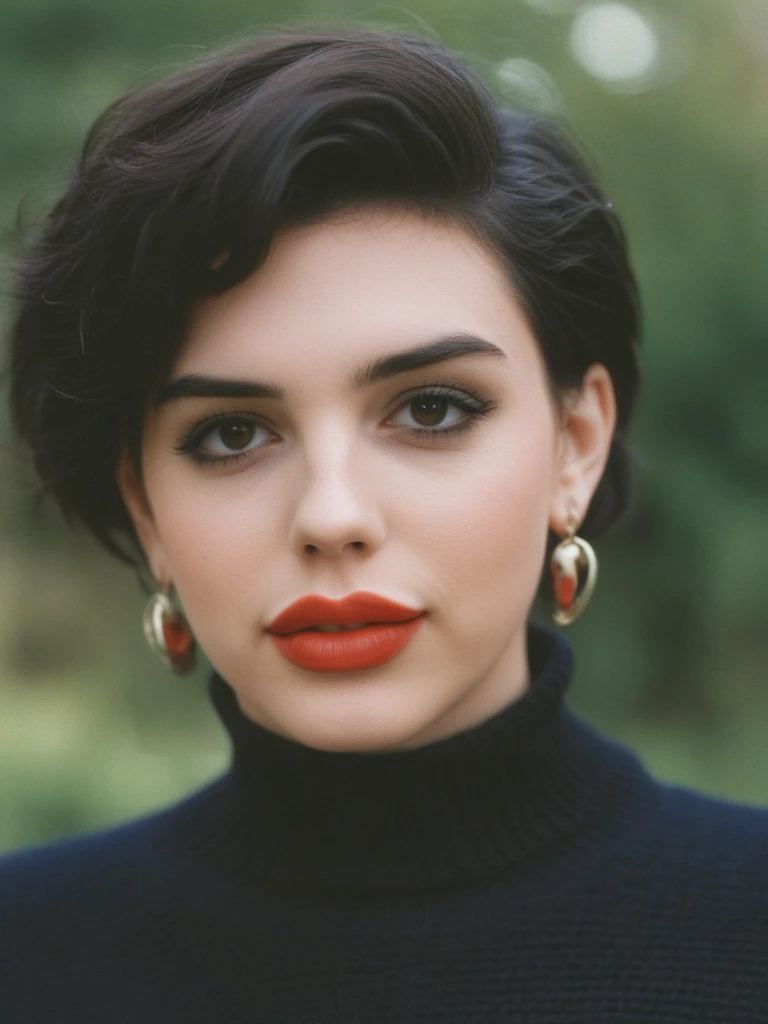 instant photo retro 1993, score_9, score_8_up, score_7_up, Annabell3L4ne , Annabelle Lane, <lora:Annabell3L4ne-sdxl:1>, 1girl, makeup, lips, dark hair, short hair, big hair, lipstick, turtleneck sweater, earrings, portrait, solo, looking at viewer, bokeh, focus, film, velvia, artistic, best quality, photograph, focus, looking at viewer, bokeh, focus, film, velvia, film grain, best quality, photograph, focus, earrings, garden