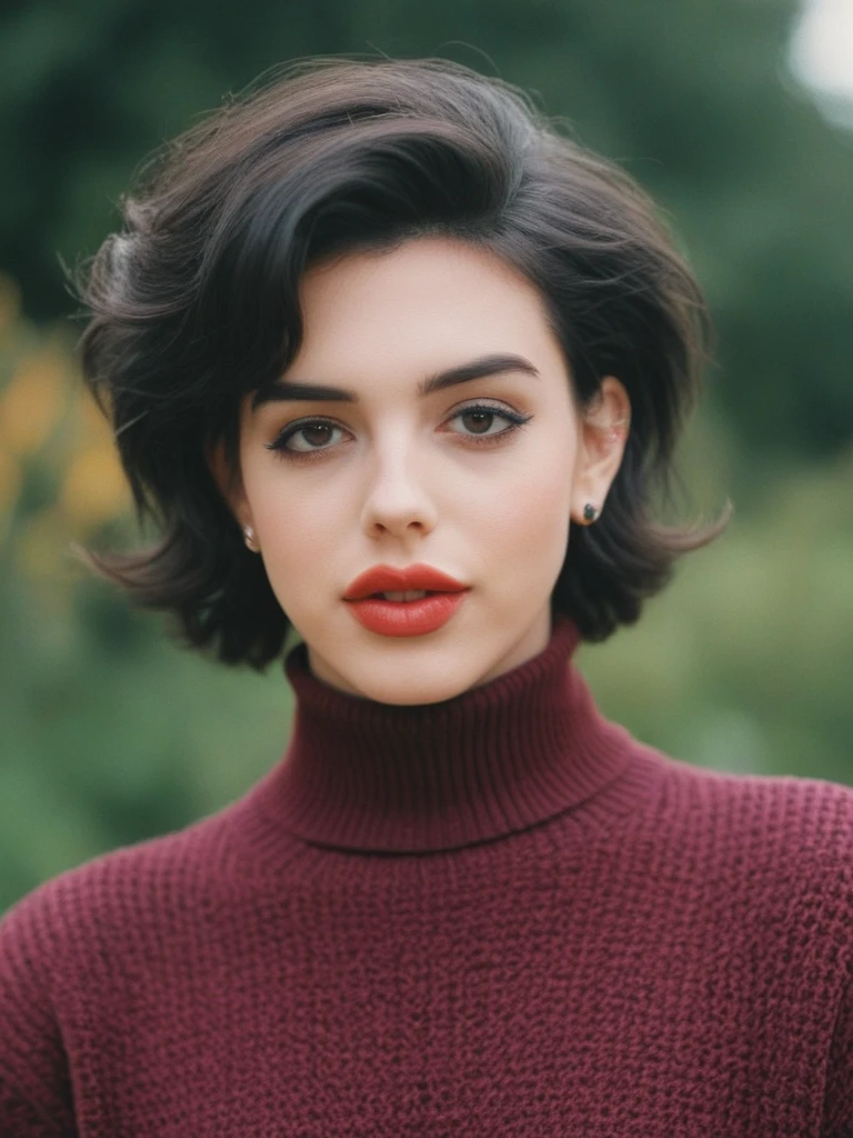 instant photo retro 1993, score_9, score_8_up, score_7_up, Annabell3L4ne , Annabelle Lane, <lora:Annabell3L4ne-sdxl:1>, 1girl, makeup, lips, dark hair, bobbed hair, big hair, lipstick, turtleneck sweater, earrings, portrait, solo, looking at viewer, bokeh, focus, film, velvia, artistic, best quality, photograph, focus, looking at viewer, bokeh, focus, film, velvia, film grain, best quality, photograph, focus, earrings, garden