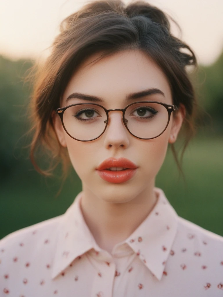 face focused, magic hour, photography, warm light, sunset, movie still, ultra detailed, portrait, Annabell3L4ne , Annabelle Lane, <lora:Annabell3L4ne-sdxl:1>, 1girl, solo, portrait, shiny lipgloss, lips, vintage aesthetic, close-up, glasses, lipstick, (shirt), solo, blush, looking at viewer, bokeh, focus, film, velvia, film grain, best quality, photograph, focus, earrings, garden