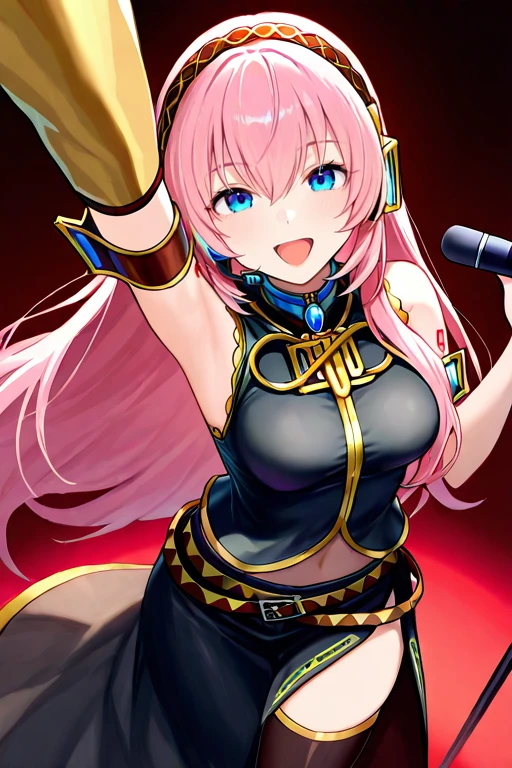 masterpiece, High quality, Ultra detailed, 2d, newest, absurdres, highres, BREAK
1girl, solo, <lora:megurine_luka_r1:0.8>, megurine_luka, long hair, pink hair, hair between eyes, blue eyes, headset, headphones, tattoo, shoulder tattoo, number tattoo,
medium breasts, luka03def, bare shoulders, black shirt, detached sleeves, armband, single elbow glove, belt, long skirt, black skirt, side slit, black thighhighs,
singing, smile, open mouth, arm up, Microphone, microphone stand, looking at viewer, from above,