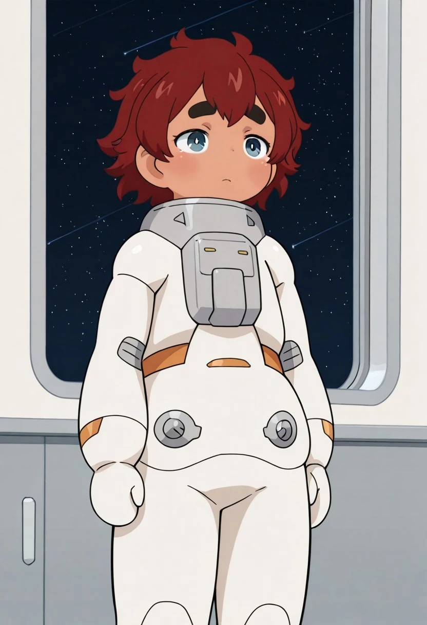 official art, masterpiece, best quality, absurdres, 1girl, female focus, solo, msgwfmes, dark-skinned female, red hair, short hair, blue eyes, thick eyebrows, mismatched eyebrows, spacesuit, mittens, standing, star (sky), indoors,