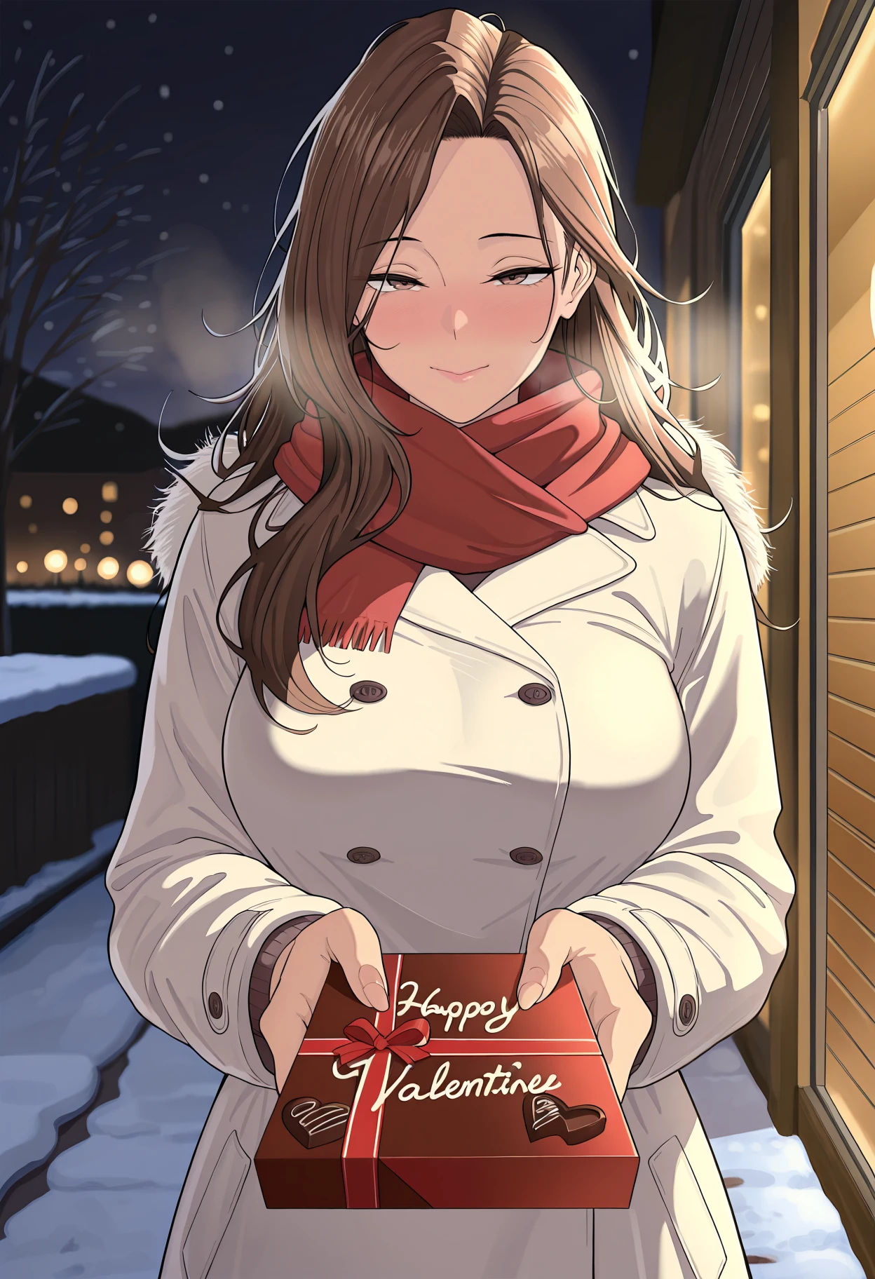 masterpiece, best quality, amazing quality, 1girl, solo,
<lora:Risa_Hamazaki_Imaizumi_Brings_All_The_Gyarus_To_His_House_IL_V1:1>, KJOrisa, brown hair, brown eyes, long hair, parted bangs, asymmetrical bangs,
presenting product placement, holding product placement, giving product placement, outdoors, night, cold, red scarf, white coat, bangs, messy hair, valentine, chocolate,
medium Breasts, mature female,