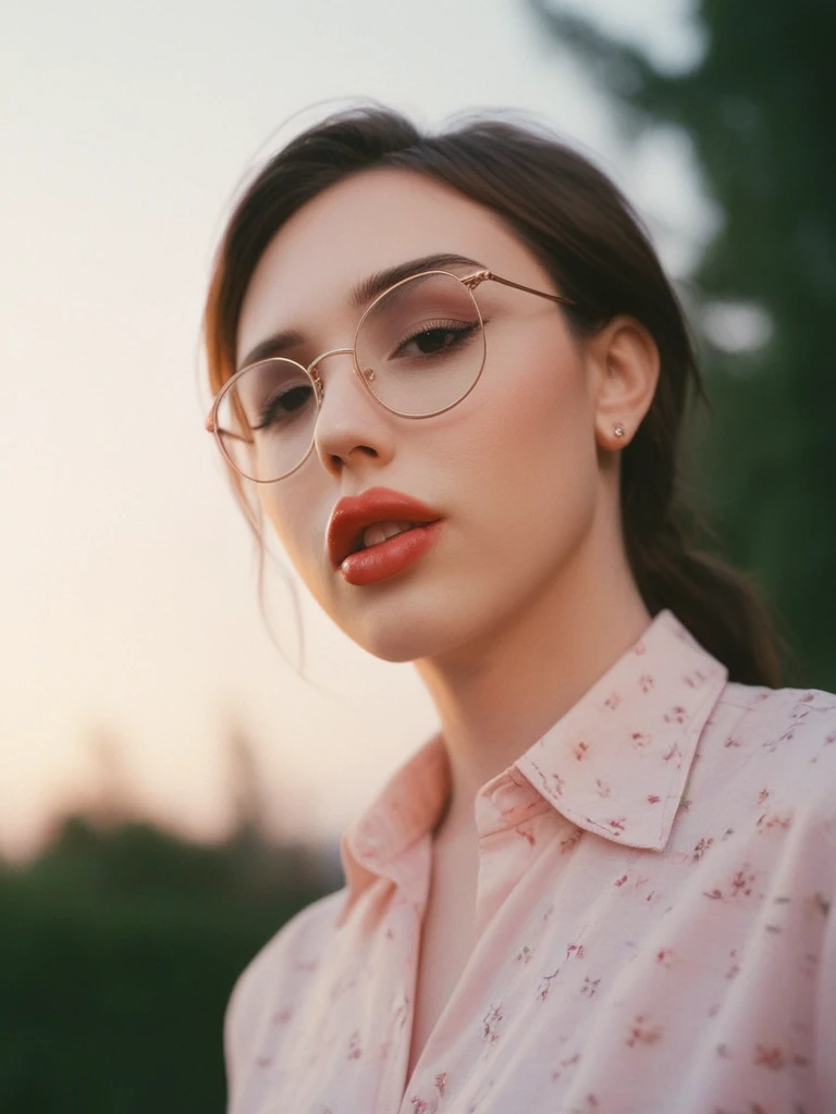 face focused, magic hour, photography, warm light, sunset, movie still, ultra detailed, portrait, Annabell3L4ne , Annabelle Lane, <lora:Annabell3L4ne-sdxl:1>, 1girl, solo, portrait, shiny lipgloss, lips, vintage aesthetic, close-up, glasses, lipstick, (shirt), solo, blush, looking at viewer, bokeh, focus, film, velvia, film grain, best quality, photograph, focus, earrings, garden