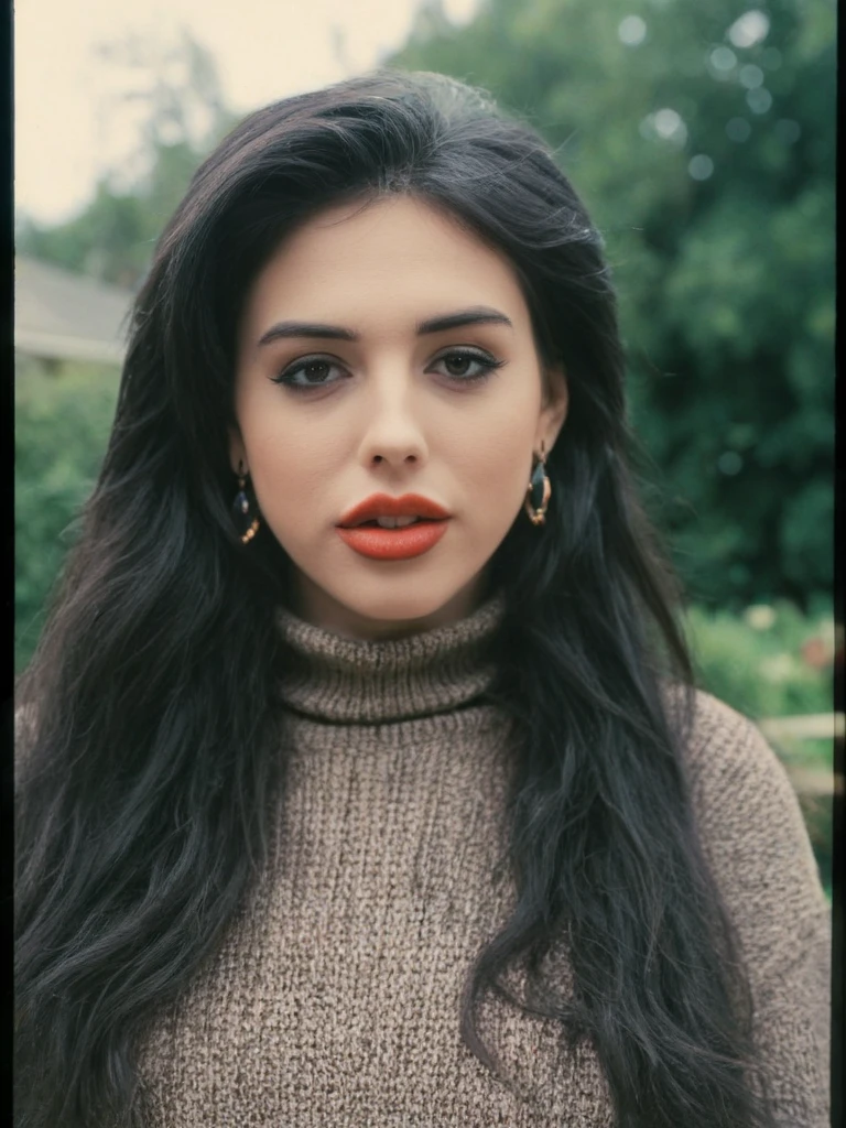 instant photo retro 1993, score_9, score_8_up, score_7_up, Annabell3L4ne , Annabelle Lane, <lora:Annabell3L4ne-sdxl:1>, 1girl, makeup, lips, dark hair, long hair, big hair, lipstick, turtleneck sweater, earrings, portrait, solo, looking at viewer, bokeh, focus, film, velvia, artistic, best quality, photograph, focus, looking at viewer, bokeh, focus, film, velvia, film grain, best quality, photograph, focus, earrings, garden