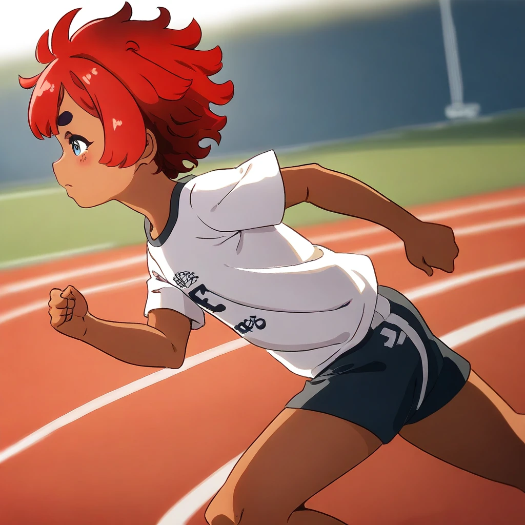 masterpiece, best quality, absurdres, msgwfmes, dark-skinned female, red hair, short hair, thick eyebrows, mismatched eyebrows, short eyebrows, t-shirt, athletics short, from side, running, running track, outdoors,