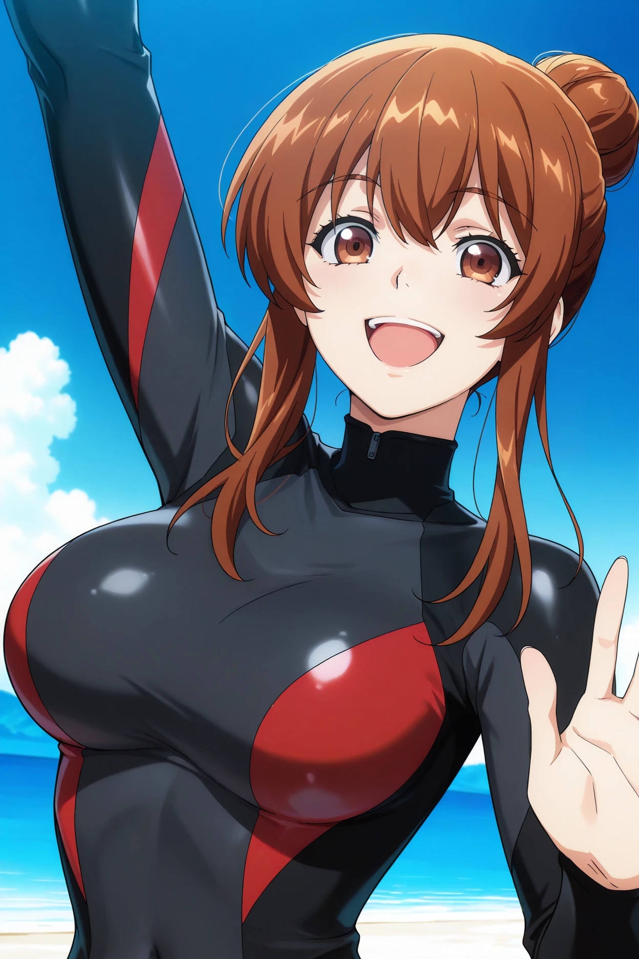 masterpiece, best quality, 1girl, solo,  <lora:kotegawananaka-illu-nvwls-v4:1> gbluenanaka, brown hair, hair bun, short hair with long locks, auburn eyes, large breasts, red and black bodysuit, upper body, happy, smile, blue sky, beach, looking at viewer, open mouth, (anime screencap:0.2), covered navel, waving