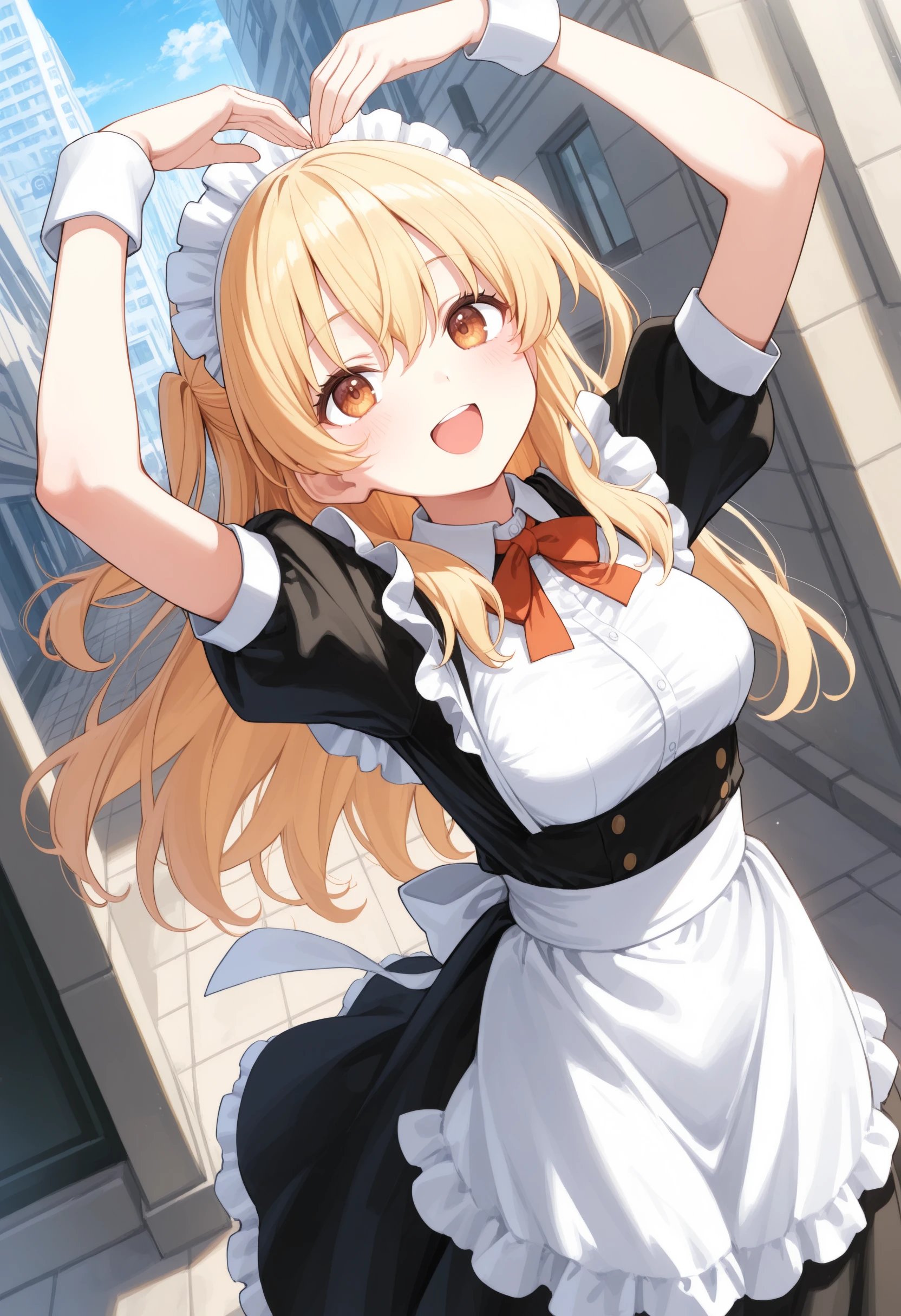 1girl,(sho \(sho lwlw\):0.7),(toosaka asagi:0.5),(sincos:0.3),solo,
masterpiece, best quality, newest, absurdres, CG, anime, source anime, illustration,
maid, maid headdress,medium breasts,
heart arms, <lora:heartarms_Illust_v1:0.8>
dutch angle, cowboy shot, looking up, blonde hair, brown eyes,anguish, Barcelona city, open mouth, lightly curled inwards hair,