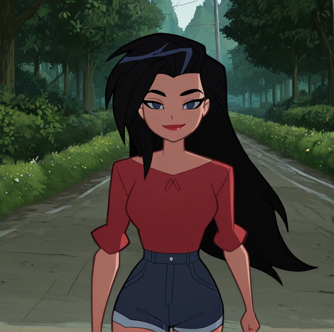 <lora:wonderwomanjusticleagueaction_illustrious-000010:1>, (masterpiece), (best quality), (ultra-detailed), amazing quality, very aesthetic, illustration, perfect composition, intricate details, absurdres, incredibly absurdres, wonderwomanjla, 1girl, solo, long hair, red lips, blue eyes, outside, black hair, smile, looking at viewer, walking, wearing jean shorts, red blouse, detailed background,