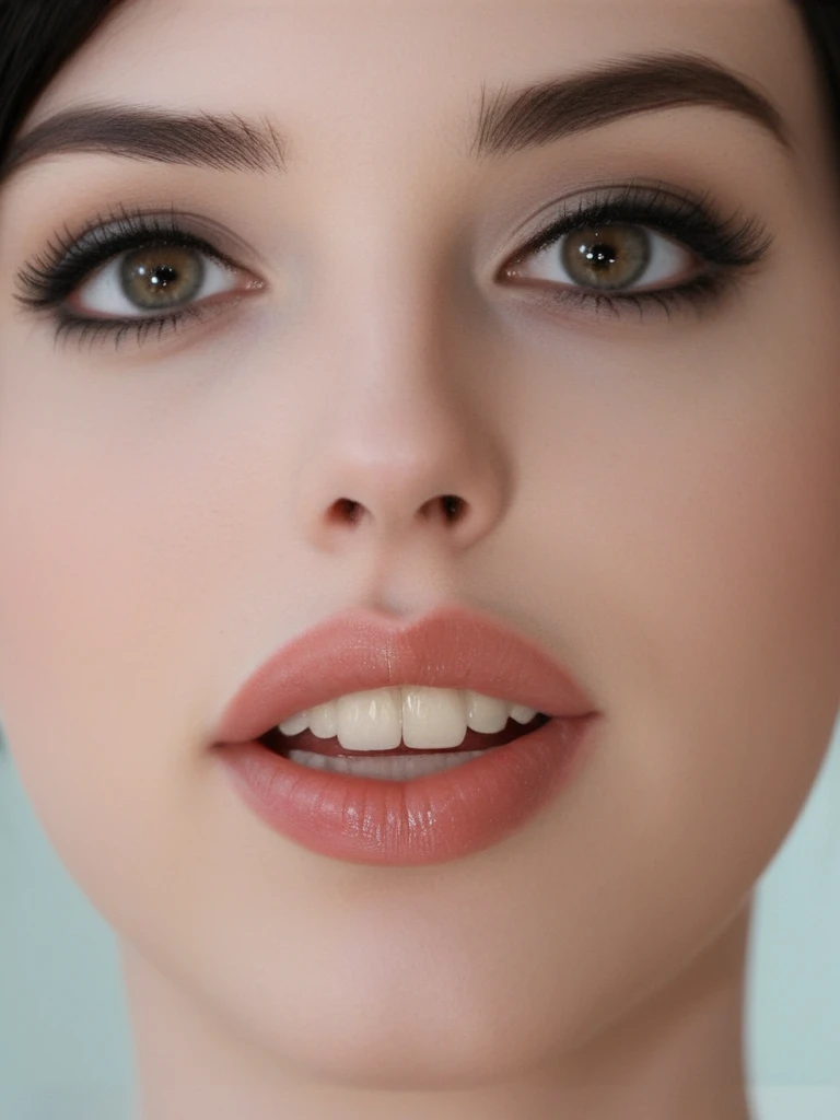 Annabell3L4ne , Annabelle Lane, <lora:Annabell3L4ne-sdxl:1>, ((extreme close-up)), ((face focused)), portrait, 1girl, makeup, lips, teeth, dark hair, bobbed hair, solo, looking at viewer, bokeh, focus, film, velvia, artistic, best quality, photograph, focus
