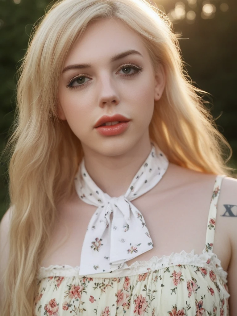 face focused, magic hour, photography, warm light, sunset, movie still, ultra detailed, portrait, Annabell3L4ne , Annabelle Lane, <lora:Annabell3L4ne-sdxl:1>,1girl, makeup, lips, long hair, blonde, floral sundress, white ascot, portrait, solo, looking at viewer, bokeh, focus, film, velvia, artistic, best quality, photograph, focus