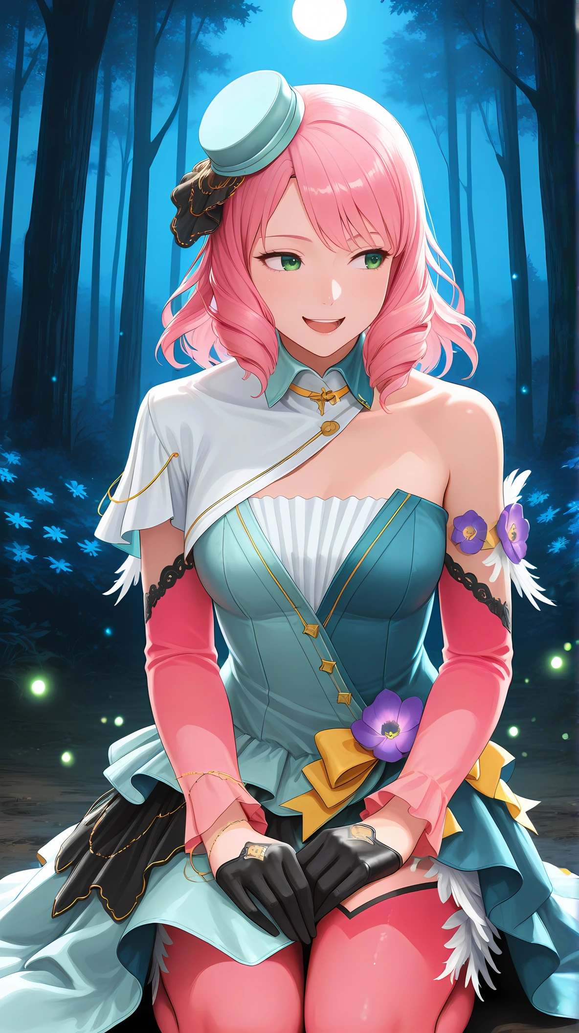 (best quality,4k,8k,highres,masterpiece:1.2),ultra-detailed,(realistic,photorealistic,photo-realistic:1.37),Hoshizora Rin,yellow eyes, orange hair, solo,strapless leotard,big breasts,beautiful detailed eyes, arms behind back,extremely detailed eyes and face,longeyelashes,pink blush,looking at viewer,body proportions,cute expression,standing pose,sexy smile,soft colors,feminine,charming,wisteria flowers,cape,glowing light,flower petals, breezy environment,Lovely,HDR,UHD,vivid colors