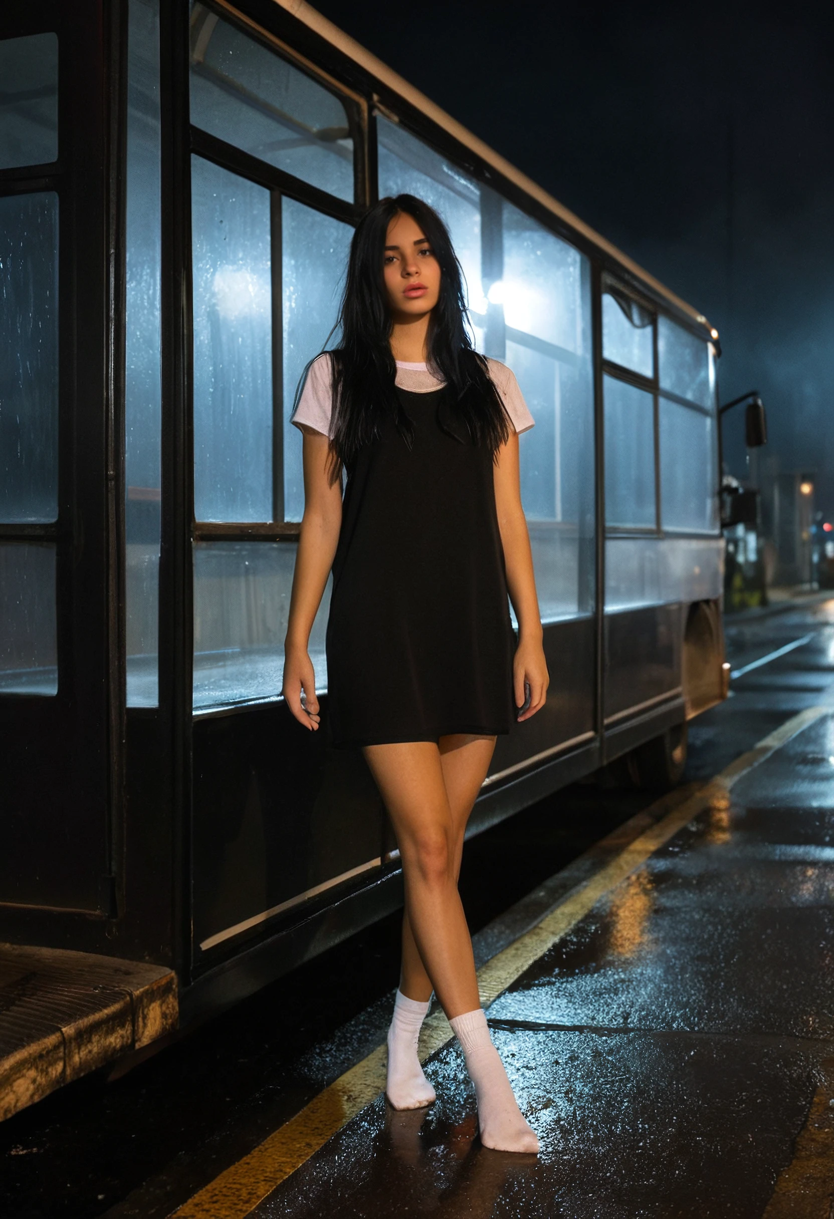 1girl, long black hair, brown eyes, parted lips, realistic, jewelry, wearing black slip dress over white t-shirt, white socks, black mary janes, standing at a foggy bus stop alone at night, hair slightly damp, moody neon reflection in puddles, Canon 50mm