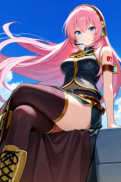 masterpiece, High quality, Ultra detailed, 2d, newest, absurdres, highres, BREAK
1girl, solo, <lora:megurine_luka_r1:0.8>, megurine_luka, long hair, pink hair, hair between eyes, blue eyes, headset, headphones, tattoo, shoulder tattoo, number tattoo,
medium breasts, luka03def, bare shoulders, black shirt, detached sleeves, armband, single elbow glove, belt, long skirt, black skirt, side slit, black thighhighs, cross-laced footwear,
looking at viewer, smile,