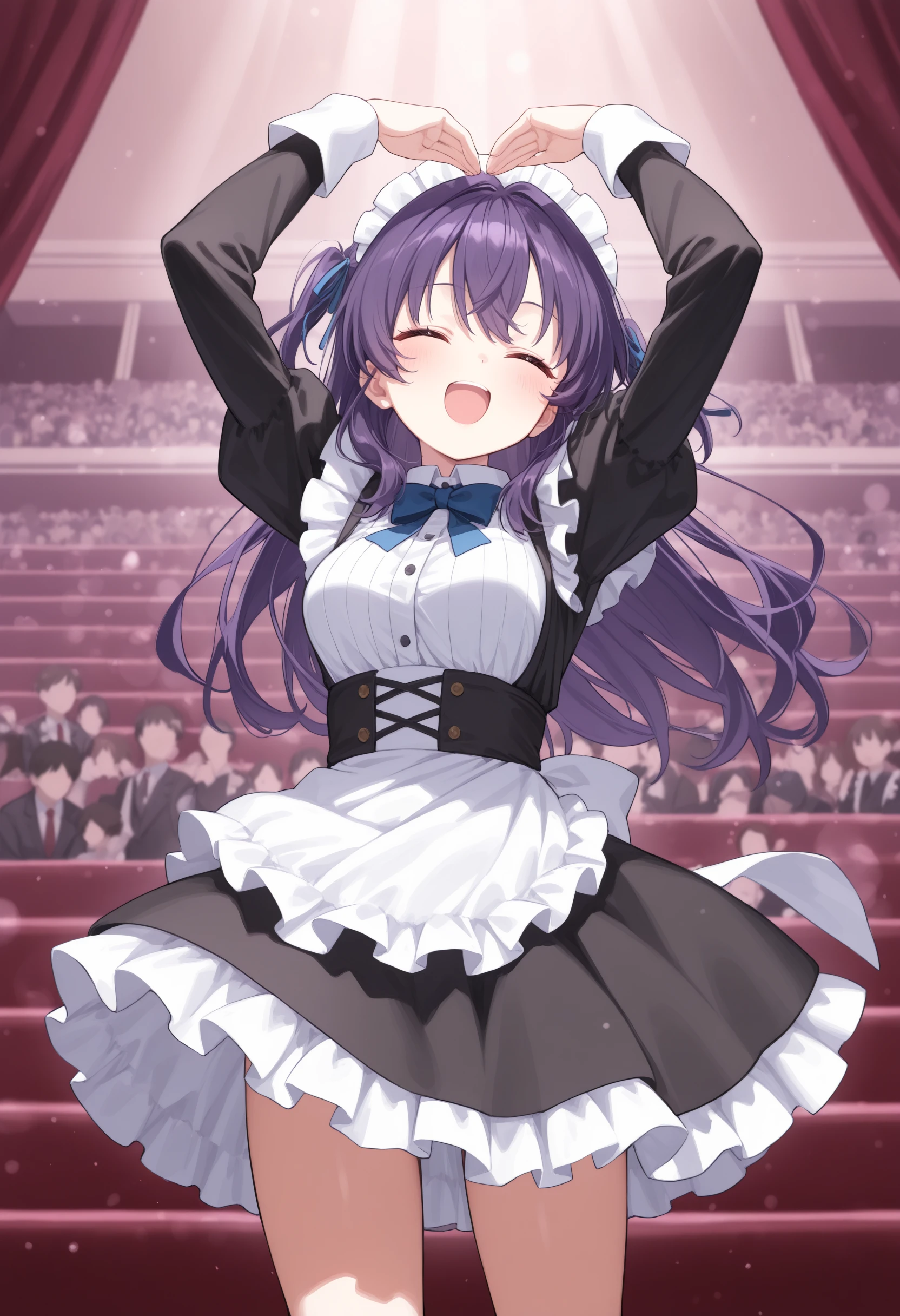 1girl,(sho \(sho lwlw\):0.7),(toosaka asagi:0.5),(sincos:0.3),solo,
masterpiece, best quality, newest, absurdres, CG, anime, source anime, illustration,
maid, maid headdress,medium breasts,
heart arms, <lora:heartarms_Illust_v1:0.8>
from behind, wide shot, looking away, purple hair, purple eyes,closed eyes, theater, open mouth, tired hair,