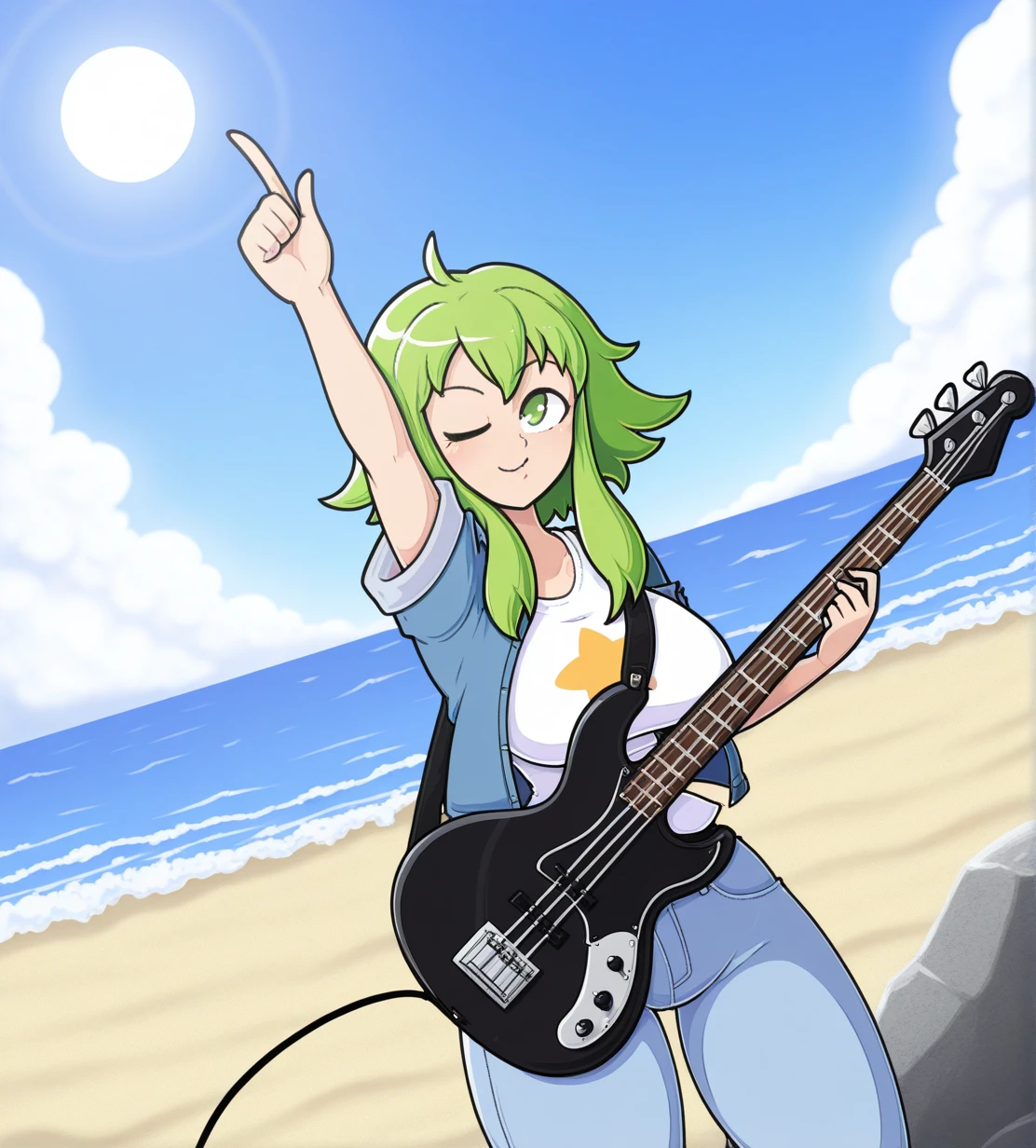 <lora:Snowman_Tofu:1.5>,
1girl, gumi, wild hips, huge breasts, vocaloid, ;), bass guitar, beach, blue sky, cloud, cloudy sky, day, denim, denim jacket, dutch angle, foreshortening, green eyes, green hair, index finger raised, instrument, jacket, lens flare, looking at viewer, ocean, one eye closed, outdoors, outstretched arm, rock, sand, shirt, short hair with long locks, sidelocks, sky, smile, solo, star (symbol), star print, sun, t-shirt, upper body, waves,
dynamic pose,vintricate details,scenery,