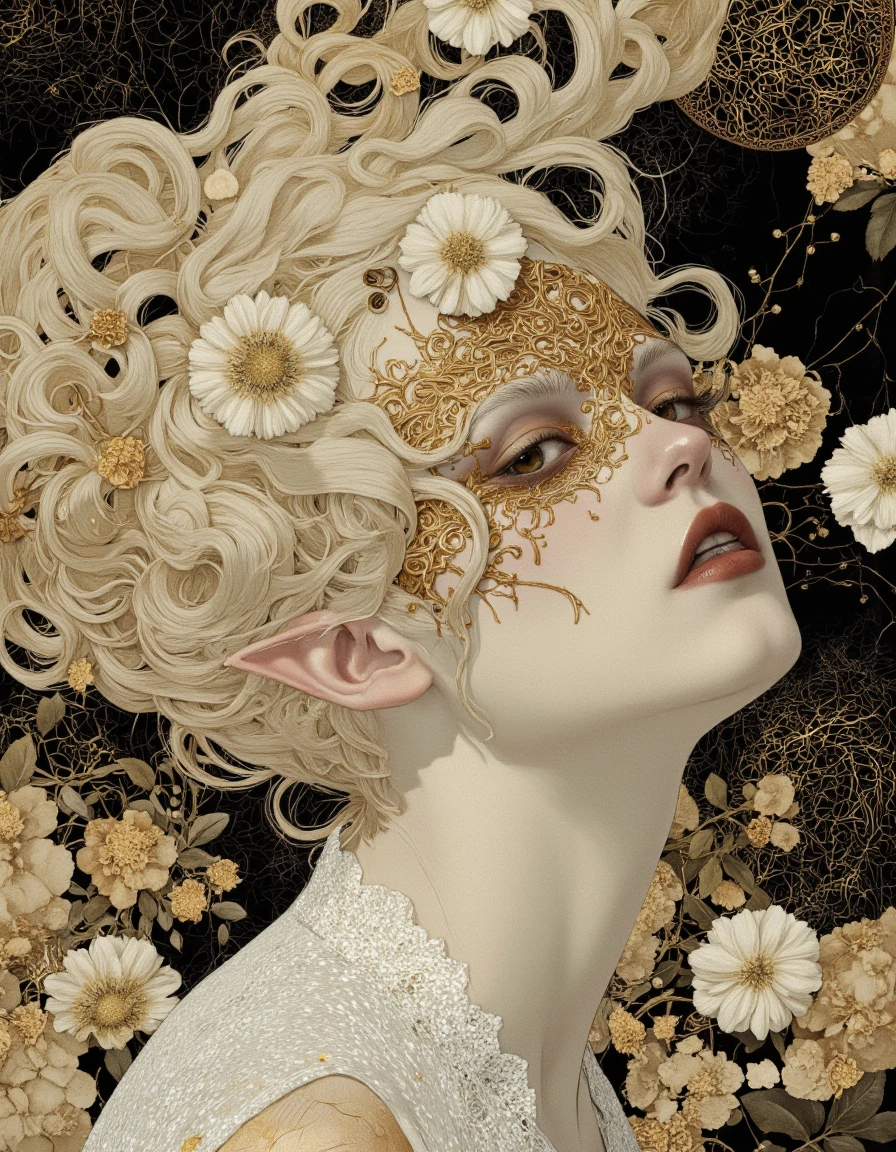 By Phandigrams. A digital illustration shoot from a portrait camera angle about a stylized portrait of a young woman with ethereal features and golden accents. the image also shows intricate patterns and floral motifs. on the middle of the image, a woman appears to be in her early twenties, with light skin, blonde hair, and pointed ears. she is facing the viewer, looking directly at them with a serene expression. her brown eyes are accentuated by gold eyeliner and mascara, and her lips are painted a deep, rich brown. her hair is styled in a way that frames her face, and she has a delicate, ethereal appearance. the background is a collage of abstract shapes and textures, with gold and black elements scattered throughout, creating a moody and dreamy atmosphere. the overall effect is one of ethereal beauty, with the woman's delicate features and intricate patterns adding to the overall aesthetic.