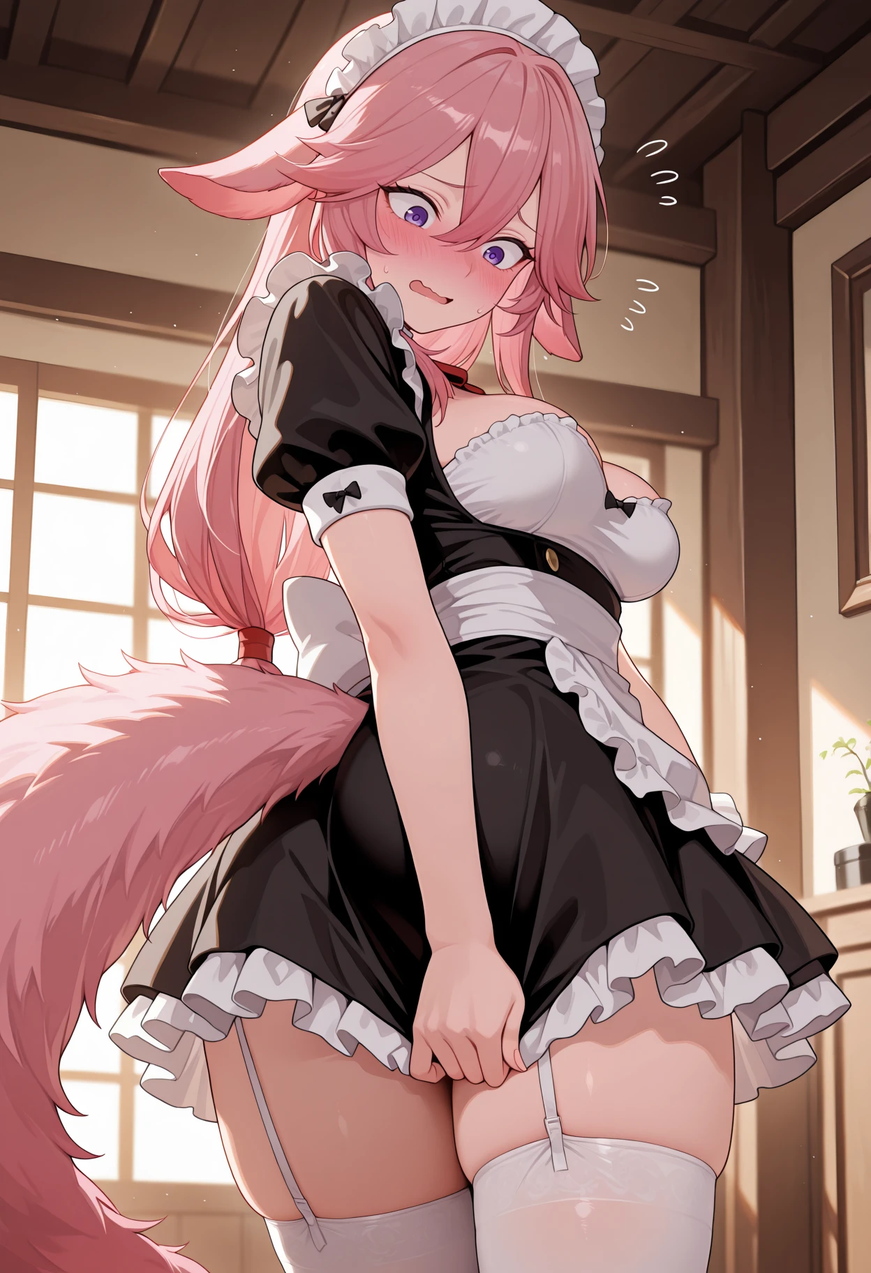 1girl, feminine, background, (freckles), blush, loose pink hair, huge breasts, ((sweat)), view from side, evening shadows, hot breath, embarrassed, dimmed lighting, standing, sweaty, ((sweating)), (sweat), big ass, wide hips, toned body, cow ears and small cow horns, cow tail, cow girl, (motion lines), voluptuous, mature, milf, flustered, wearing milk maid outfit, cleavage, skirt, market in a modern city, selling milk, market stand, milk bottles, nipple bulge in top, bent over, duo, (fat and middle-aged man), ugly middle-aged man fucking cowgirl from behind, sex, standing doggystyle, (motion lines), thrusting, view from front, long loose hair, (girl facing viewer), (the man has a double chin and is balding), hip grab with both hands, rough sex,