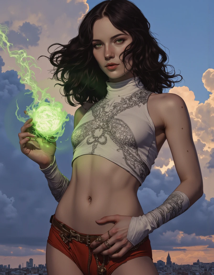 By Phandigrams. A digital illustration shoot from a frontal camera angle about a mystical woman holding a glowing green orb in her hand, set against a dramatic sky with a distant cityscape in the background. the image also shows a woman standing confidently in the middle of the image, with a slender physique, fair skin, and long, wavy dark hair. she appears to be in her mid-twenties, looking directly at the viewer with a serious expression, and her eyes are a striking green. she is wearing a white, sleeveless top with intricate silver designs, along with red panties, and has a belt around her waist. her body is toned and muscular, with medium-sized breasts and a navel piercing. her hair is styled in long, curly locks, and she has a mole on her left breast. the woman is holding the glowing orb with both hands, which is emitting a green, ethereal light. the background features a cloudy sky with hints of blue and orange hues, and the overall mood is mystical and mystical.