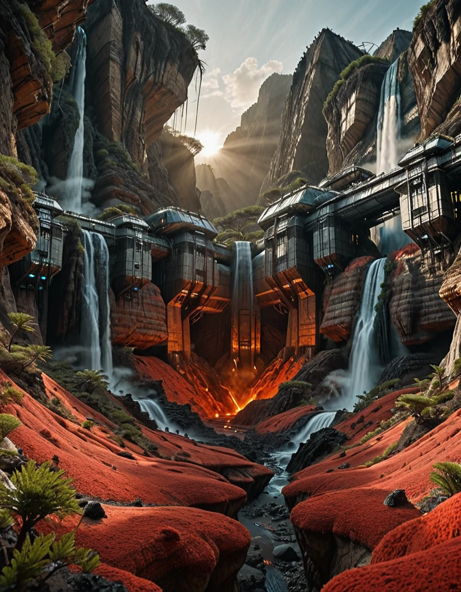 <lora:SWL_Stations1v3ill:1> photo, lostst1, huge station, impressive scientific complex, huge concrete complex, cyberpunk, science fiction, lights, rocky desert, mist, b5, lava streams, waterfalls, magma, volcaneous dark ground, heat, chaos, smoke, sunset, vegetation, forest, canyon, low angle, trees,