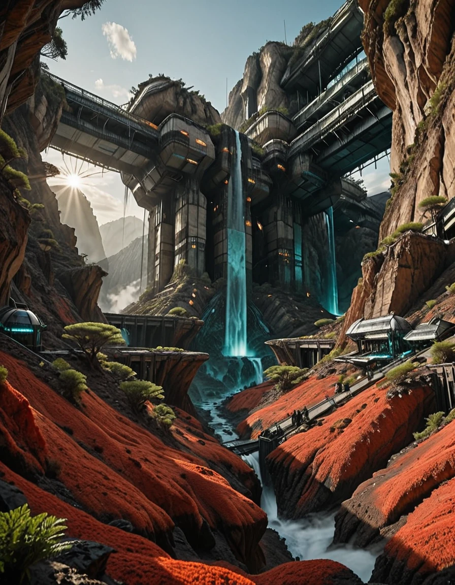 <lora:SWL_Stations1v3ill:1> photo, lostst1, huge station, impressive scientific complex, huge concrete complex, cyberpunk, science fiction, lights, rocky desert, mist, b5, lava streams, waterfalls, magma, volcaneous dark ground, heat, chaos, smoke, sunset, vegetation, forest, canyon, low angle, trees,