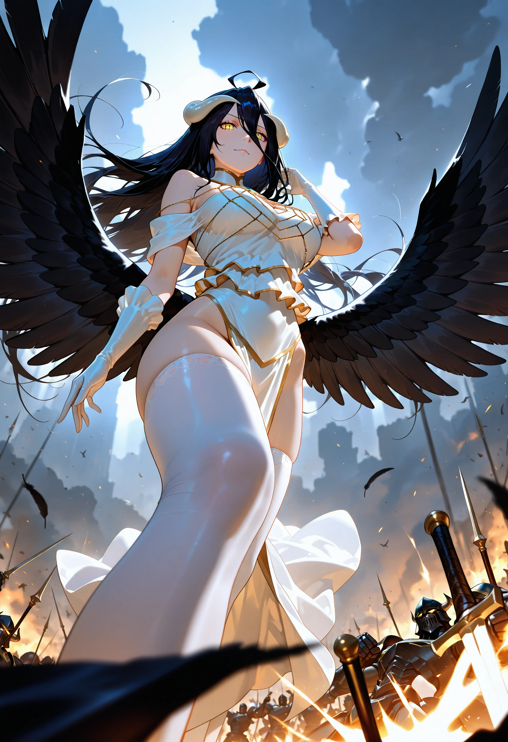 giant girl 50,000 feet high,Have a pair of long legs,Featuring a pair of huge gold-trimmed devil wings,Has black waist-length hair,Loose hair,Wearing a pair of Mary Jane shoes,black curly hair,A look of enjoyment,Standing tall in a small town crowded with people, destroying them wantonly,It seems like an invincible existence,Beautiful appearance,Exquisite makeup,quality,8k,high quality,(governor:1.5),Aerial View,perfect proportions, Cinema lighting, film grain, Fuji colors, 8k, textured skin, Super details, high detail, high quality, high resolution,