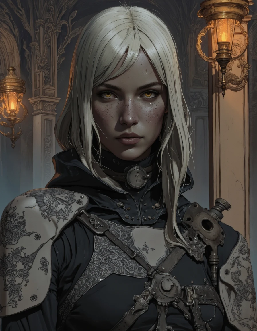 By Phandigrams. A digital illustration shoot from a portrait camera angle about a mysterious female character wearing a black hooded cloak with intricate patterns and a mask. the image also shows intricate details on the armor and the character's face. on the middle of the image, a 1woman, who appears to be in her mid-twenties, with pale skin, yellow eyes, and freckles, is facing the viewer with a serious expression, looking directly at the viewer. she is wearing black leather armor with ornate patterns, including shoulder pads and a hood, and has a gun in her right hand. her hair is styled in a long, flowing manner, and she is holding a weapon in her left hand.
The background is a large, majestic vaulted room with candlelight.