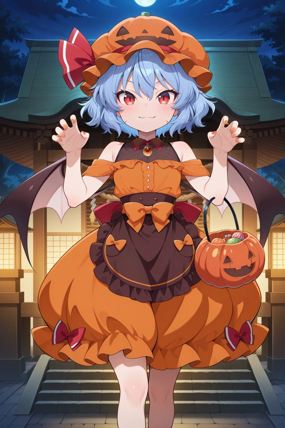 absurdres, highres, masterpiece, best quality, amazing quality, official anime artwork, screencap, anime screencap, outdoors, looking at viewer, light smile, dynamic pose, standing,
<lora:Remilia-Scarlet_Illustrious-000037:1> Remilia Scarlet, 1girl, solo, red eyes, blue hair, short hair, fang, bat wings,, remilia scarlet \(trick or grrr!\), alternate costume, pumpkin mob cap, bare shoulders, halloween costume, hat, jewelry, orange bow, orange dress, orange nails, orange shirt, orange skirt, waist bow, brown waist apron, blue frills, halloween bucket,
ht, shrine, hands up, wolf pose,