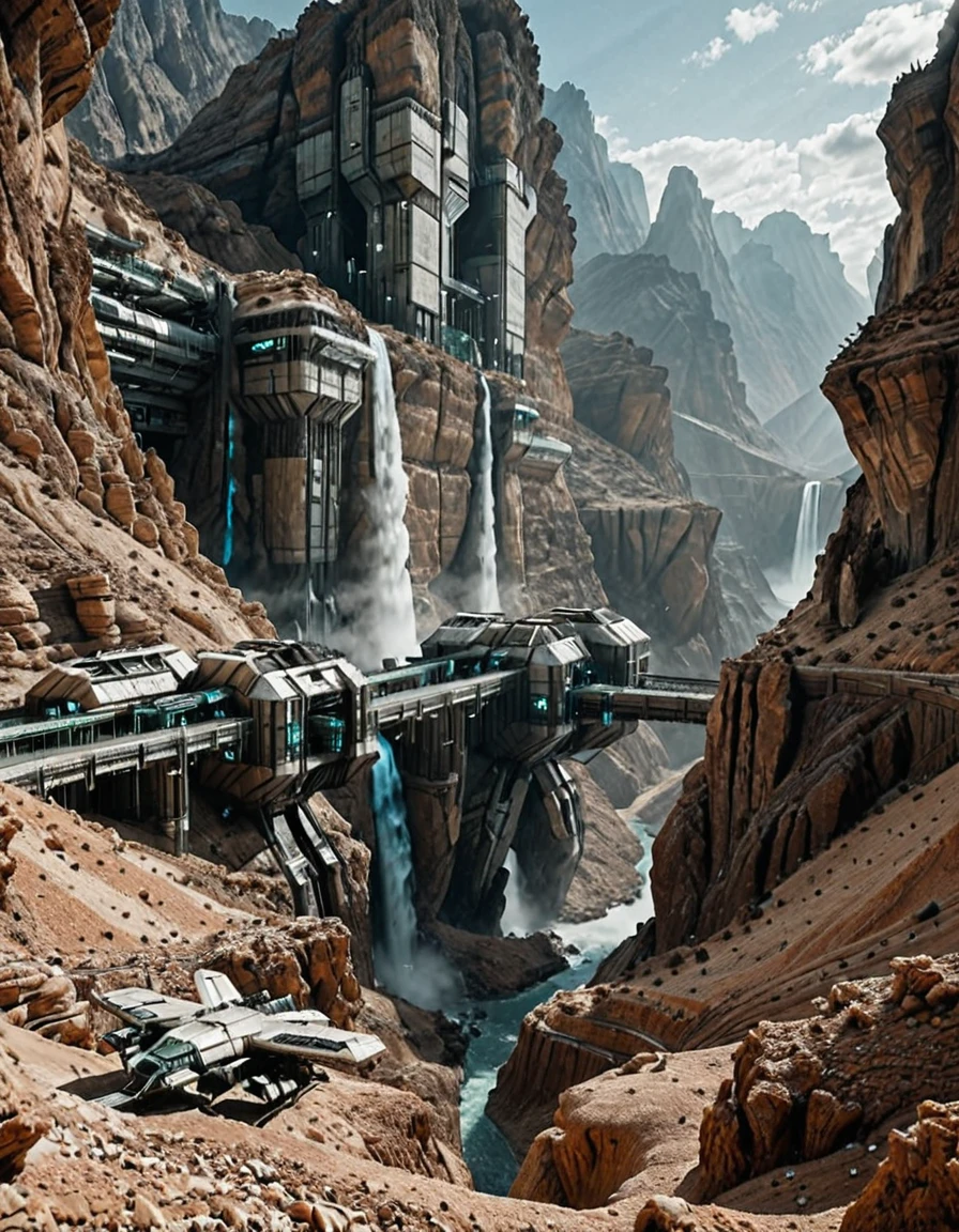 <lora:SWL_Stations1v3ill:1> photo, lostst1, huge station, impressive scientific complex, cyberpunk, science fiction, lights, rocky desert, mist, b5, in mountains, between mountains, in and above a canyon, waterfall,