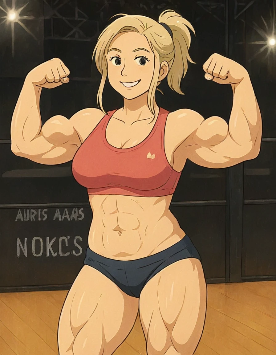 woman smile, flexing her muscles