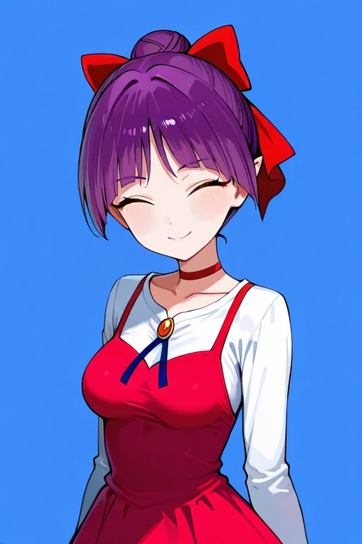 masterpiece, High quality, Ultra detailed, 2d, newest, absurdres, highres, BREAK
1girl, solo, <lora:nekomusume:0.8>, nekomusume, short hair, purple hair, single hair bun, hair bow, red bow, yellow eyes, pointy ears, red choker,
medium breasts, nekonedef, collarbone, long sleeves, white shirt, brooch, short dress, pinafore dress, red dress,
looking at viewer, smile, closed eyes,
