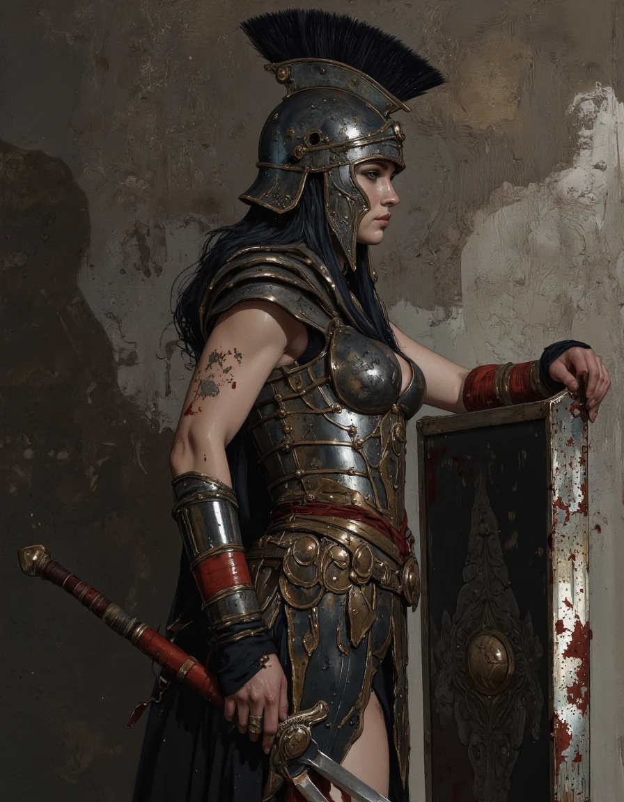 By Phandigrams. A highly detailed, realistic digital illustration from a profile camera angle about a warrior woman in a spartan helmet and armor, holding a shield, with blood splattered on her body. the image also shows a dark, gritty background with a mix of dark and light tones. on the middle of the image, a 1woman, who appears to be in her mid-twenties, with long black hair, is facing away from the viewer, looking over her shoulder with a determined expression. she is wearing a detailed, metallic armor with red accents, including a breastplate, gauntlets, and a helmet with a mohawk. her body is slim, and she is holding a sword in her right hand, with her left hand gripping the shield. her hair is styled in a long, flowing manner, and her eyes are focused on something in the distance. her facial expression is determined, and there are blood stains on her skin, adding to the dramatic effect of the artwork.
