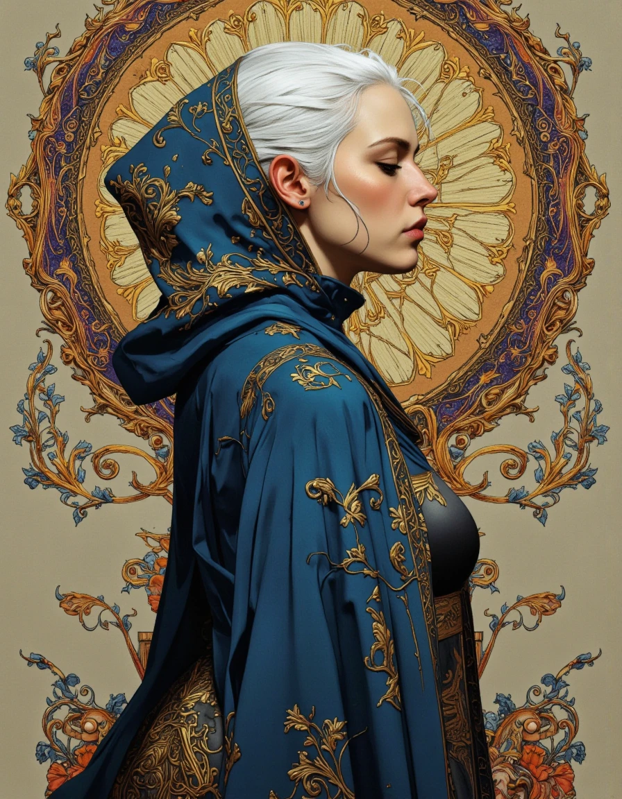 By Phandigrams. A digital illustration shoot from a profile camera angle about a portrait of a woman with white hair wearing a hooded cloak, set against an ornate background featuring intricate patterns and vibrant colors. the image also shows a detailed and ornate design in the background. on the middle of the image, a 1woman, who appears to be in her early twenties, with short, platinum blonde hair, is facing away from the viewer, looking to the side with a serious expression. she has a slim body and is wearing a blue cloak with intricate gold embroidery and a hood that covers her head and shoulders. her eyes are closed, and she is looking over her shoulder. she is positioned in the center of the frame, and her upper body is visible. her hair is styled in a short, neat manner, and the overall style is reminiscent of fantasy art with a focus on intricate details and warm colors.