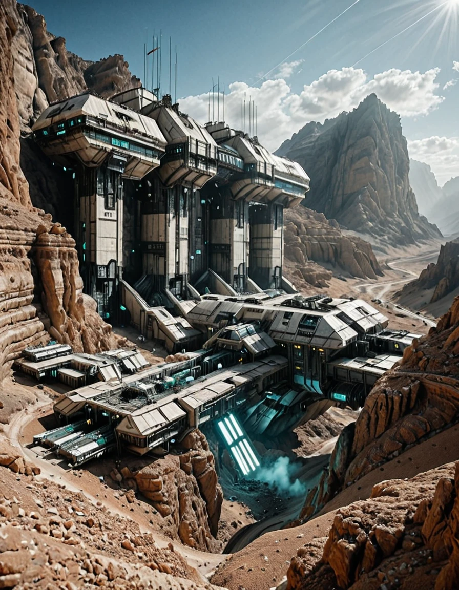<lora:SWL_Stations1v3ill:1> photo, lostst1, huge station, impressive scientific complex, cyberpunk, science fiction, lights, rocky desert, mist, b5, in mountains, between mountains, in and above a canyon