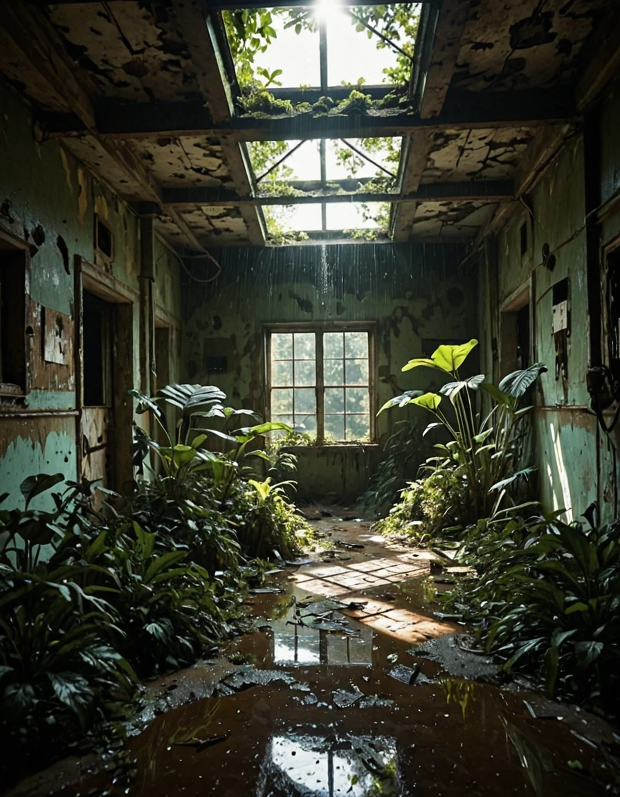 <lora:SWL_Stations1v3ill:1> photo, loststin, indoors, abandoned, room, wet, vegetation, sunlight, sun shades, windows