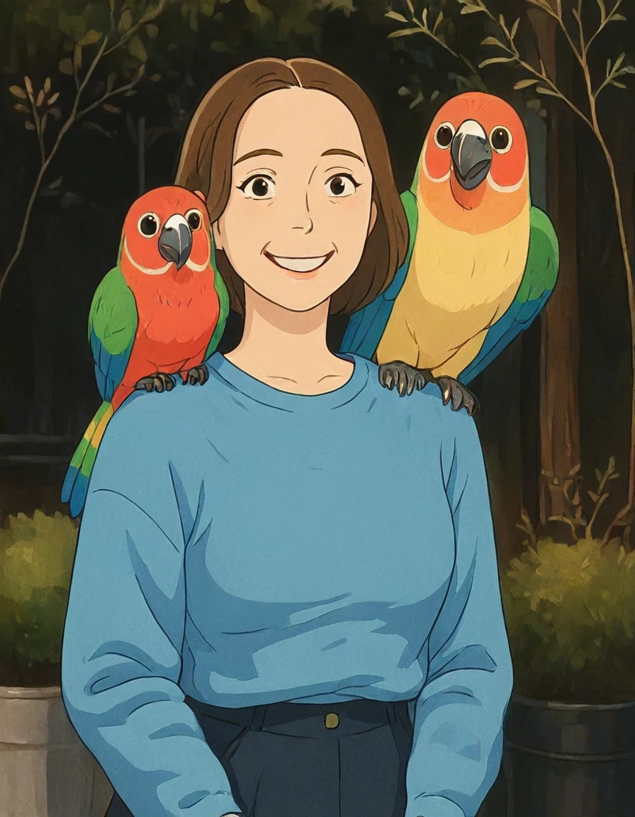 woman smile, parrot on her shoulder
