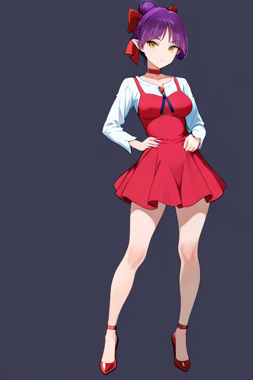 masterpiece, High quality, Ultra detailed, 2d, newest, absurdres, highres, BREAK
1girl, solo, <lora:nekomusume:0.8>, nekomusume, short hair, purple hair, single hair bun, hair bow, red bow, yellow eyes, pointy ears, red choker, 
medium breasts, nekonedef, collarbone, long sleeves, white shirt, brooch, short dress, pinafore dress, red dress, high heels, red footwear,
full body, standing, hand on own Waist,