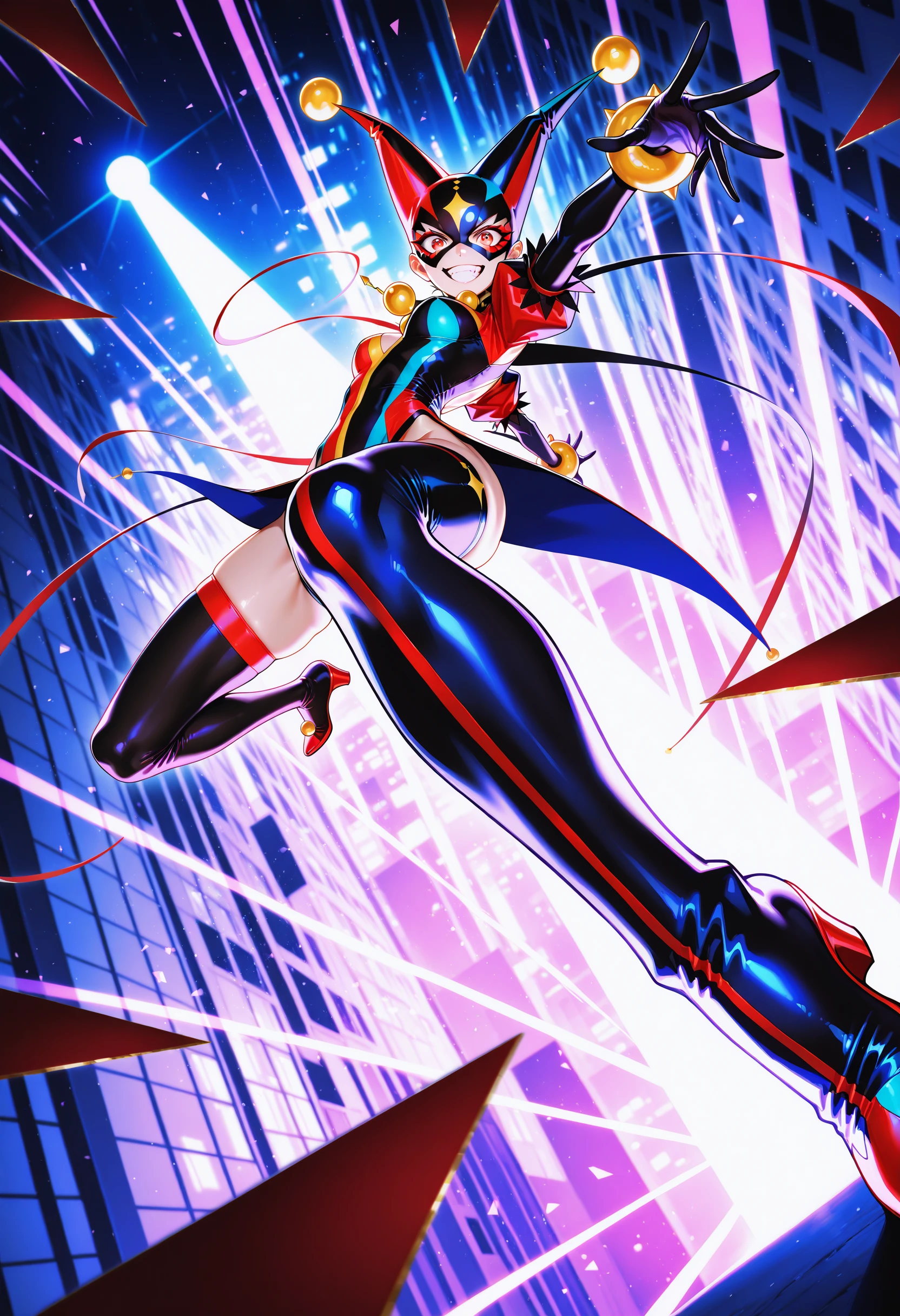 masterpiece,best quality,amazing quality,very aesthetic,absurdres,newest,,light particles, cinematic lighting,Visual impact,sharp focus, extreme aesthetic,  BREAK  1woman, jester aesthetic, chaotic energy, bells, multicolored outfit, mismatched stockings, harlequin pattern, mask half-off, wide grin, dramatic lighting, surreal background, floating cards, uncanny valley, twisted carnival, unsettling charm, tilted head, dynamic pose, tilted angle, spotlight, <lora:DynamicPoseIL2att_alpha1.0_rank4_noxattn_900steps:3.6>