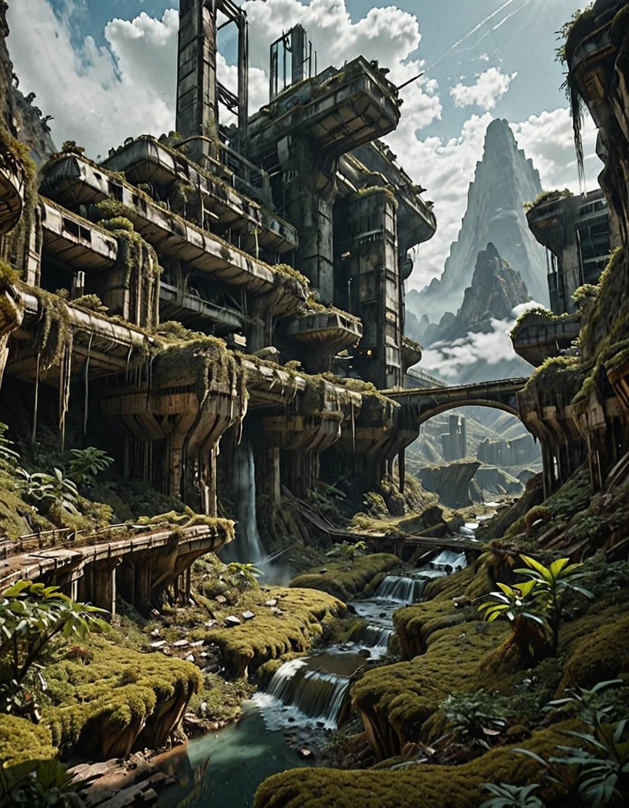 <lora:SWL_Stations1v3ill:1> photo, lostst1, big station, scientific complex, towers, abandoned, metallic, ruins, moss, grass, mist, cyberpunk, science fiction, clouds, jungle, lost, roots, vegetation, mountains, abandoned cityscape, stream, in mountains, b7, canyon