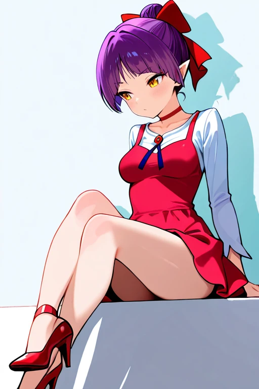 masterpiece, High quality, Ultra detailed, 2d, newest, absurdres, highres, BREAK
1girl, solo, <lora:nekomusume:0.8>, nekomusume, short hair, purple hair, single hair bun, hair bow, red bow, yellow eyes, pointy ears, red choker, 
medium breasts, nekonedef, collarbone, long sleeves, white shirt, brooch, short dress, pinafore dress, red dress, high heels, red footwear,
full body, sitting,
