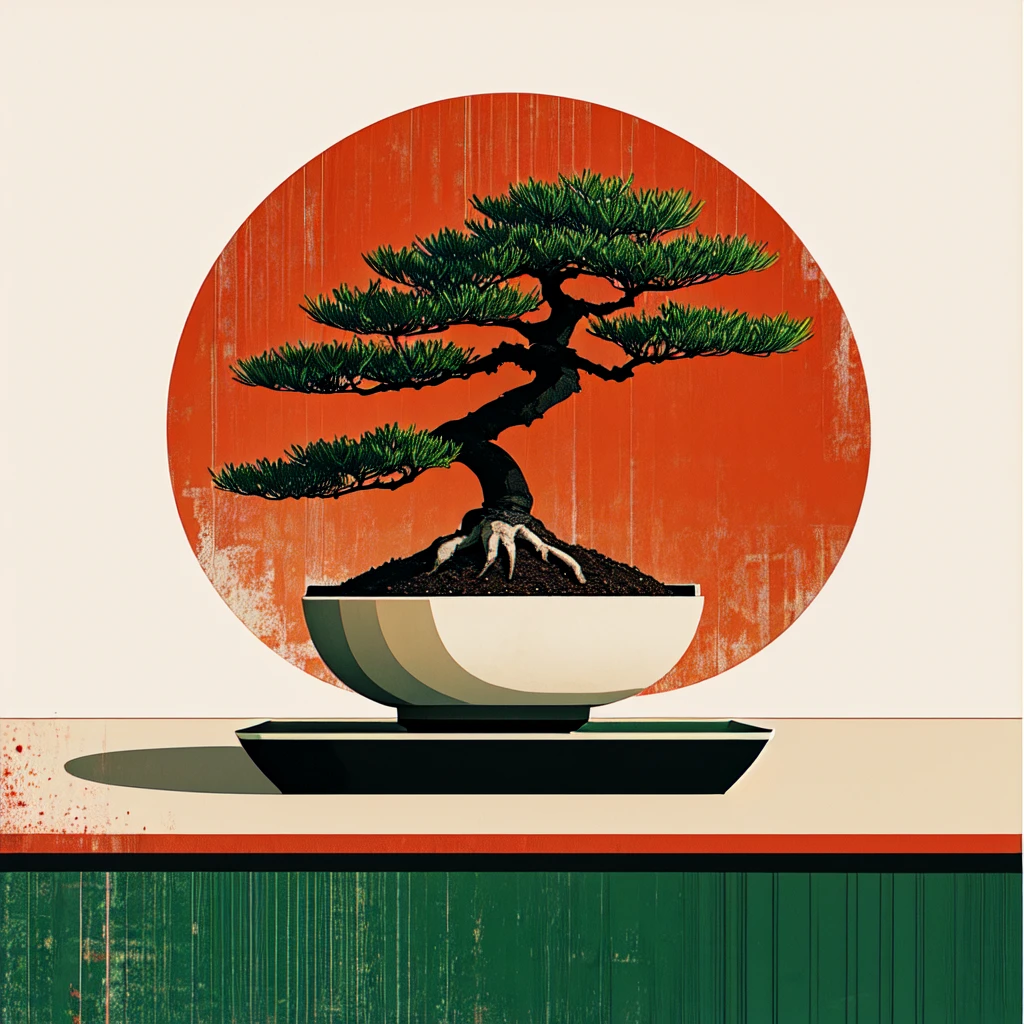 <lora:Modern_Ukiyo-e_illustration:1> Modern Ukiyo-e illustration, The image shows a bonsai tree in a pot on a table with a red and white background. The tree is a vibrant green color and the pot is a neutral color. The background is a combination of red white and cream colors., no humans, tree, egasumi, reflection, cloud, still life, red sky, watercraft, branch, boat