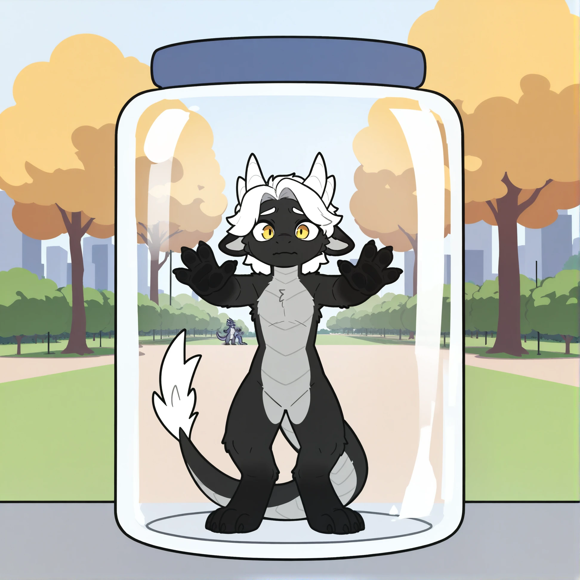 (2024, very aesthetic, newest, best quality, masterpiece), mikus-concept, small, glass jar, touching glass, trapped in jar, furry, furry male, male, man, dragon, black fur, white hair, white horns, yellow eyes, park, park background